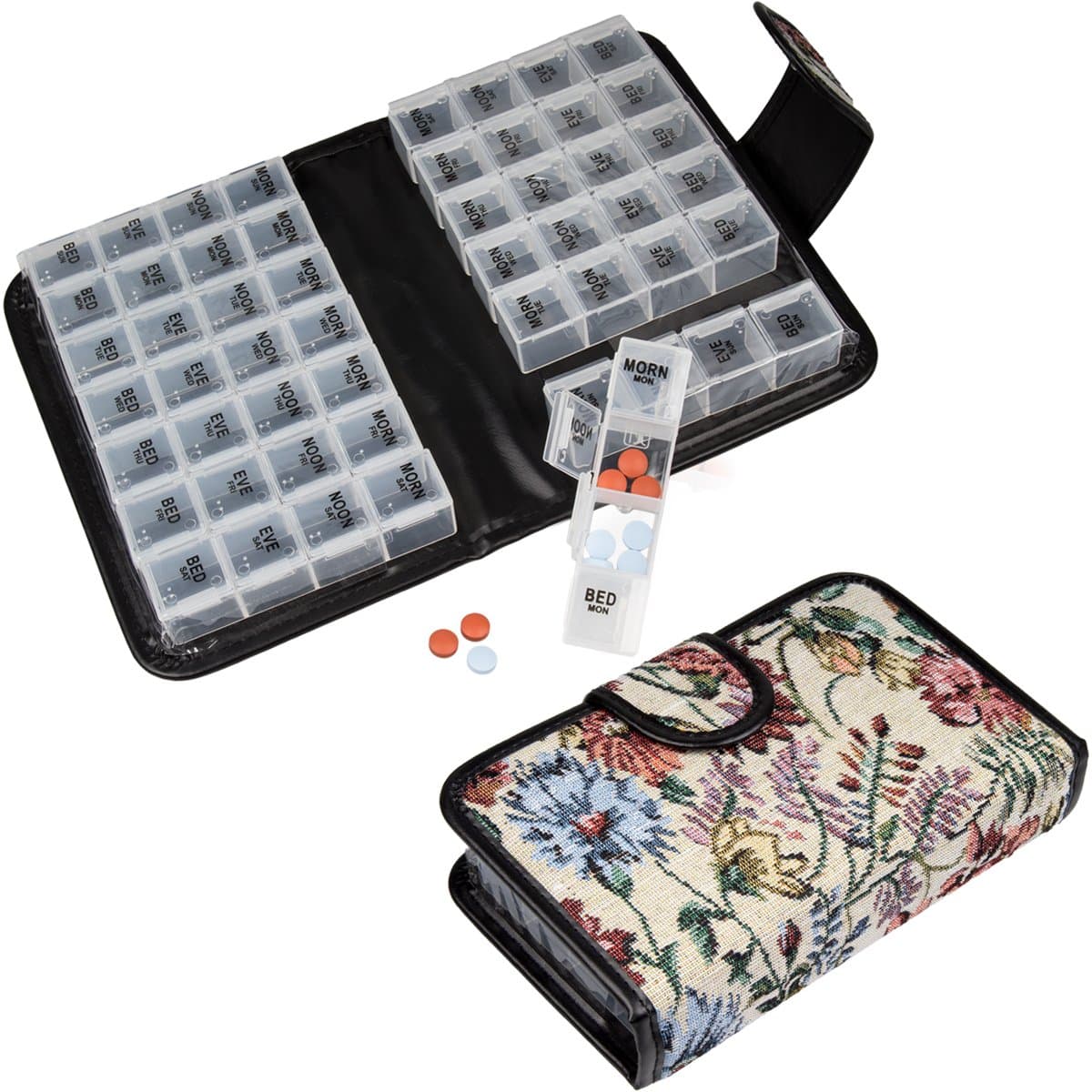 Floral Pill Case Box, Pill Organizer 14 day Pill Holder Travel Pill Container & Medication Organizer, Travel Case - 4 Marked Compartments for each Day of the Week - Morn, Noon, Eve, Bed