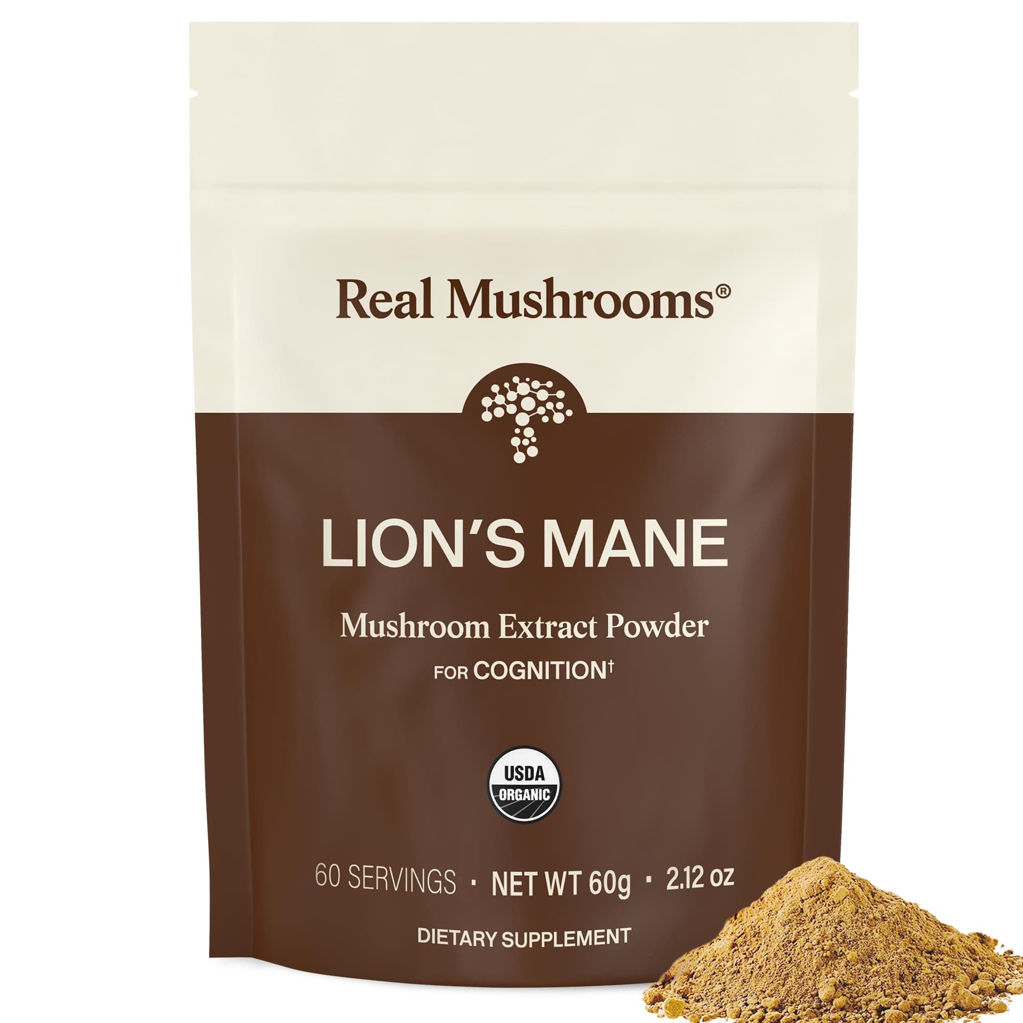 Real Mushrooms Lions Mane Mushroom Extract Powder 60grams - Certified Organic, Perfect for Shakes, Smoothies, Coffee and Tea
