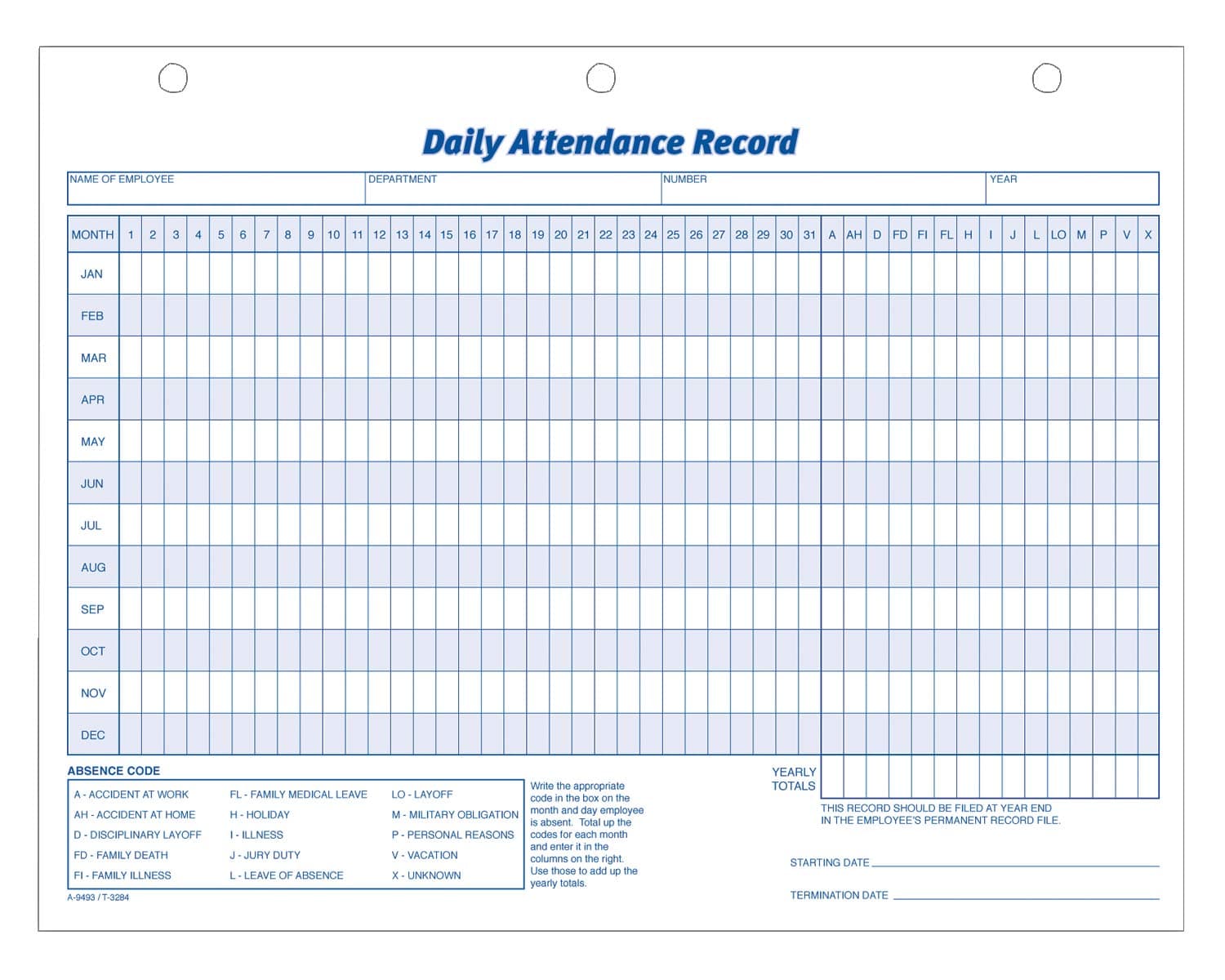 Adams Daily Attendance Record, 8.5 x 11 Inches, 3-Hole Punched, 50-Pack, White (9493)