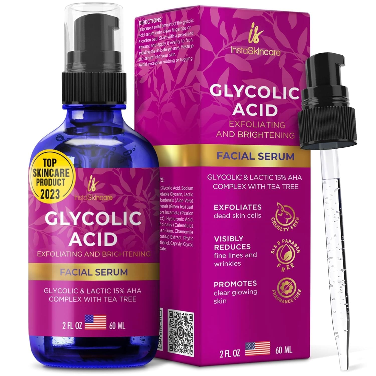 Glycolic Acid Serum for Face 15% Strength - Extra Large Size (2Oz) - Advanced Formula for Enhancing Skin Radiance, Texture Improvement, Addressing Uneven Tone & Fine Lines