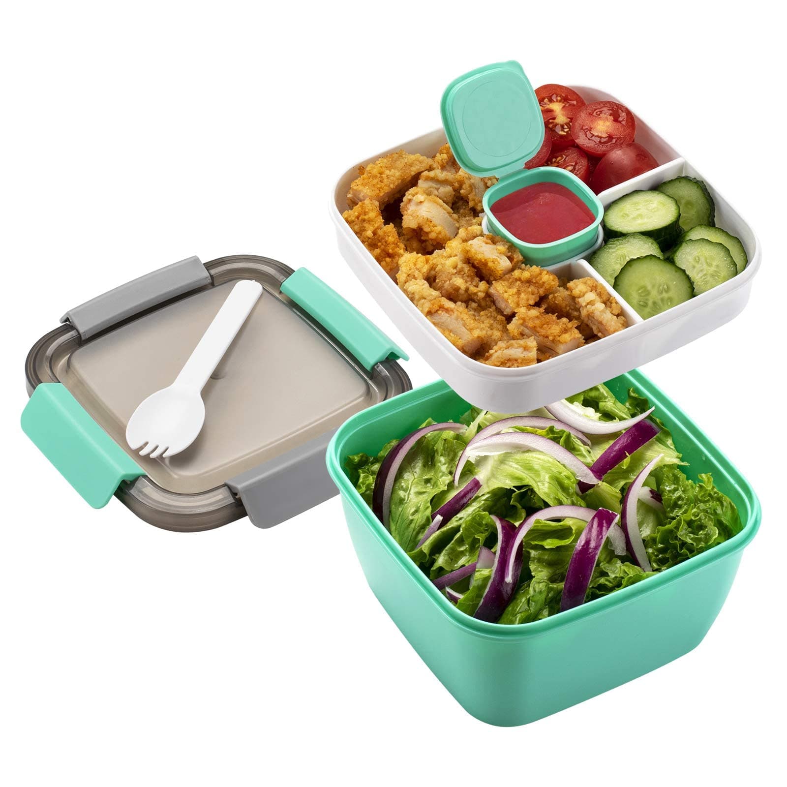 MAKINGTEC Salad Lunch Container To Go, BPA-Free, 52-oz Salad Bowls with 3 Compartments, Salad Dressings Container for Salad Toppings, Snacks, Men, Women, Microwave Safe, Built-In Reusable Fork (Green)