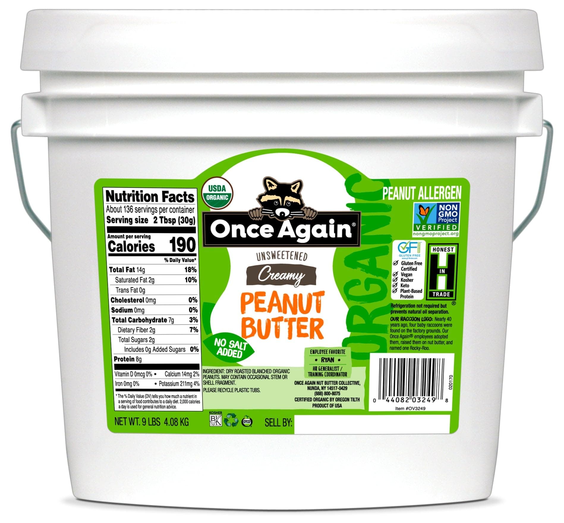 Once Again Organic Creamy Peanut Butter 9 Pound Bucket - No Sugar Added, Single Ingredient, Unsalted, Natural Peanut Butter Bulk, No Palm Oil - Non-GMO, Gluten Free - Smooth and Unsweetened