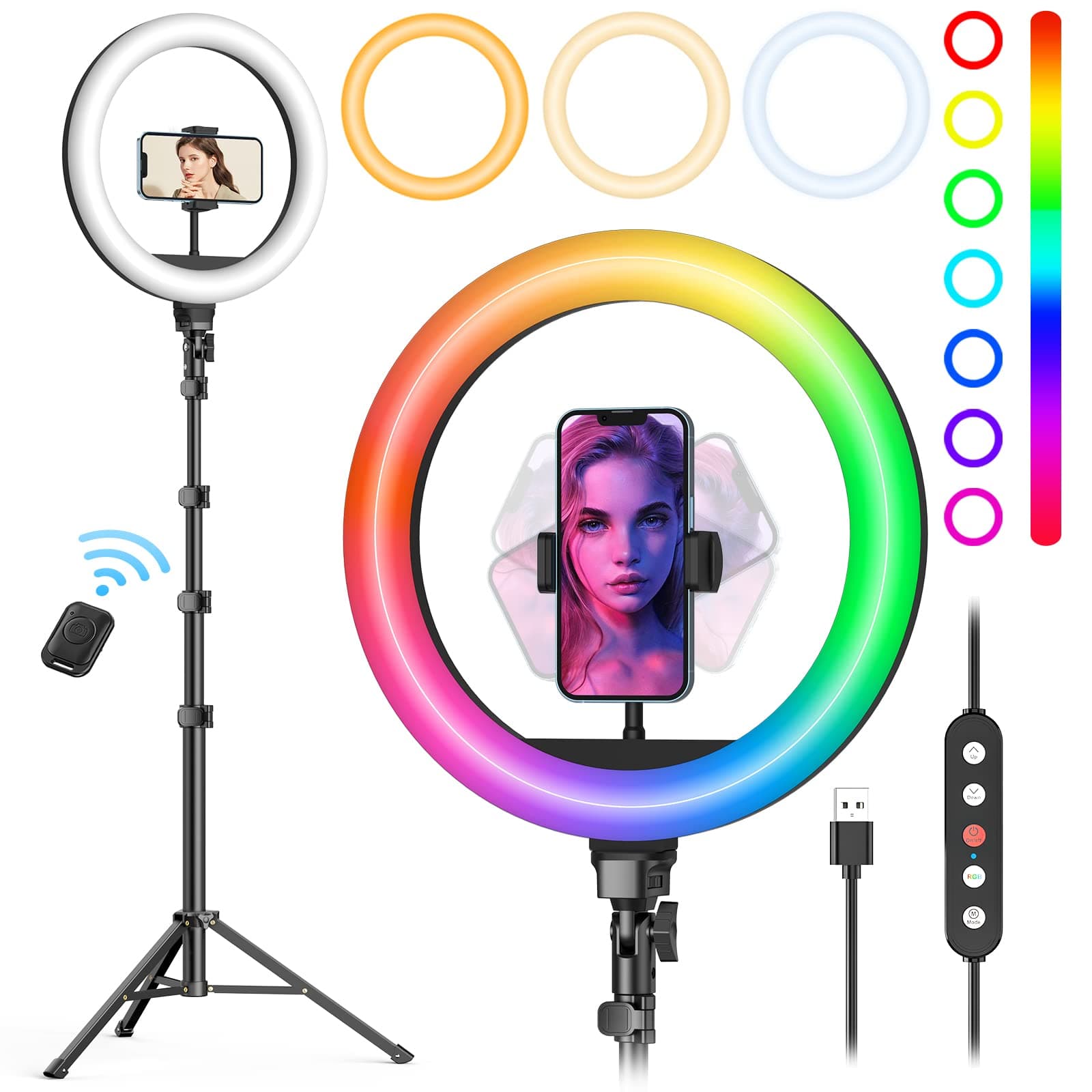 10" Ring Light with Stand 72'' Tall & Phone Holder,38 Color Modes Selfie Light with Tripod Stand,Stepless Dimmable/Speed LED Ring Light for iPhone & Android,YouTube, Makeup,TIK Tok