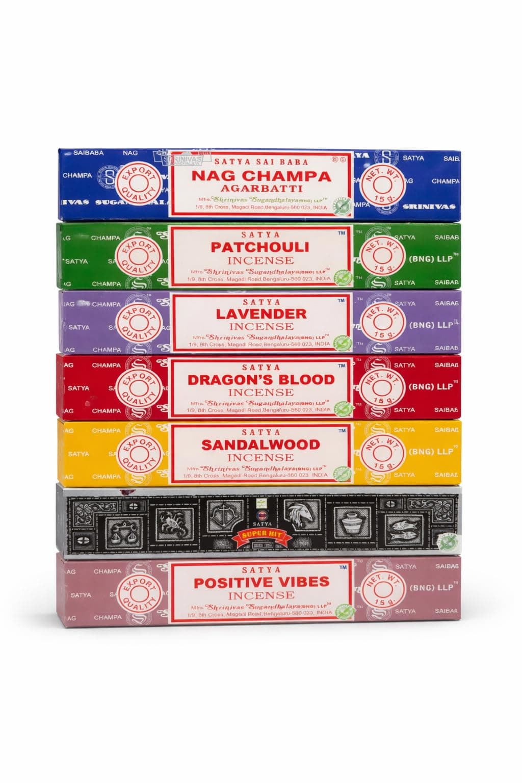 Satya Incense Gift Set Nag Champa, Super hit, Dragon's Blood, Sandalwood, Patchouli, Lavender, Positive Vibes, 0.529 oz (15 g)