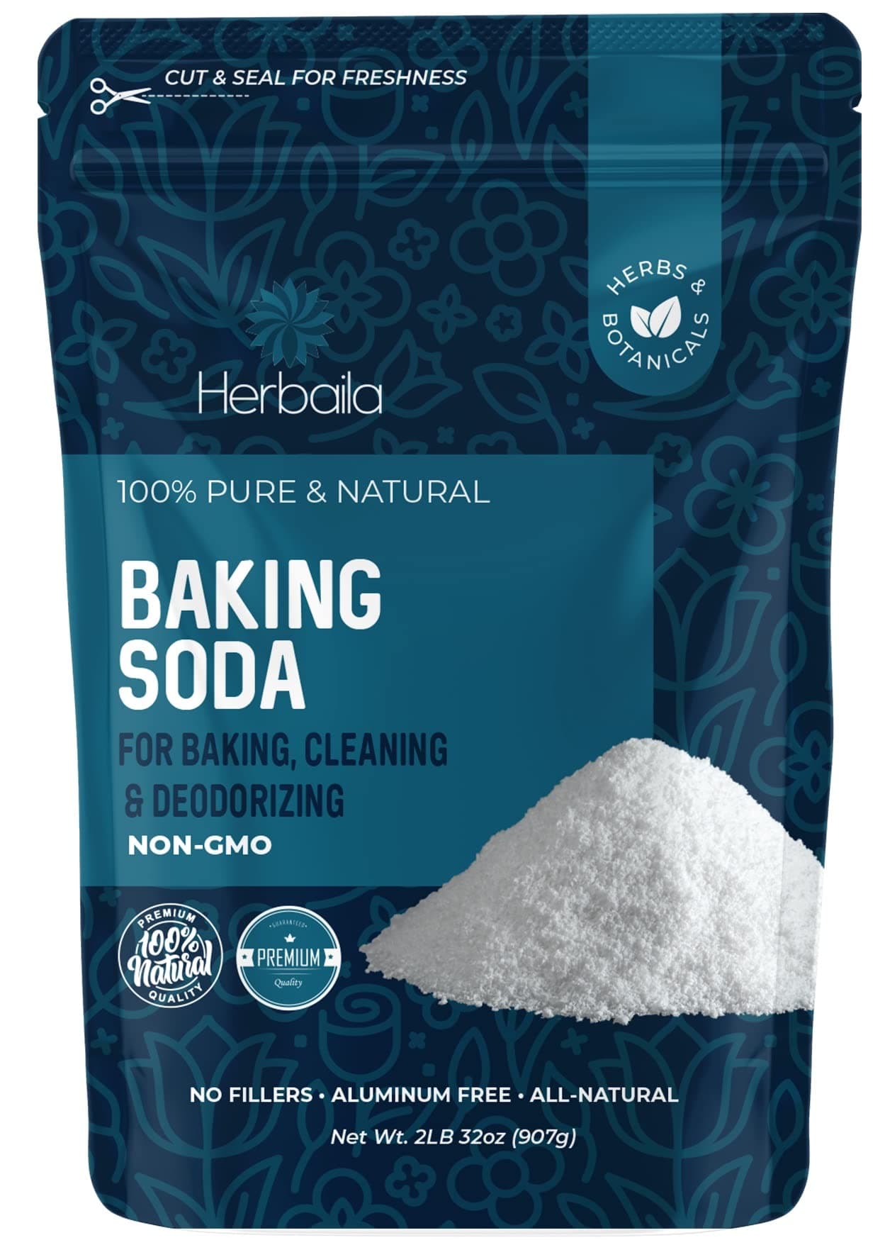 Herbaila Baking Soda Bulk 2lbs, Food Grade baking soda for baking, cleaning, deodorizing and household usage, Baking soda for pool cleansing, Gluten Free, No Fillers, made in the USA