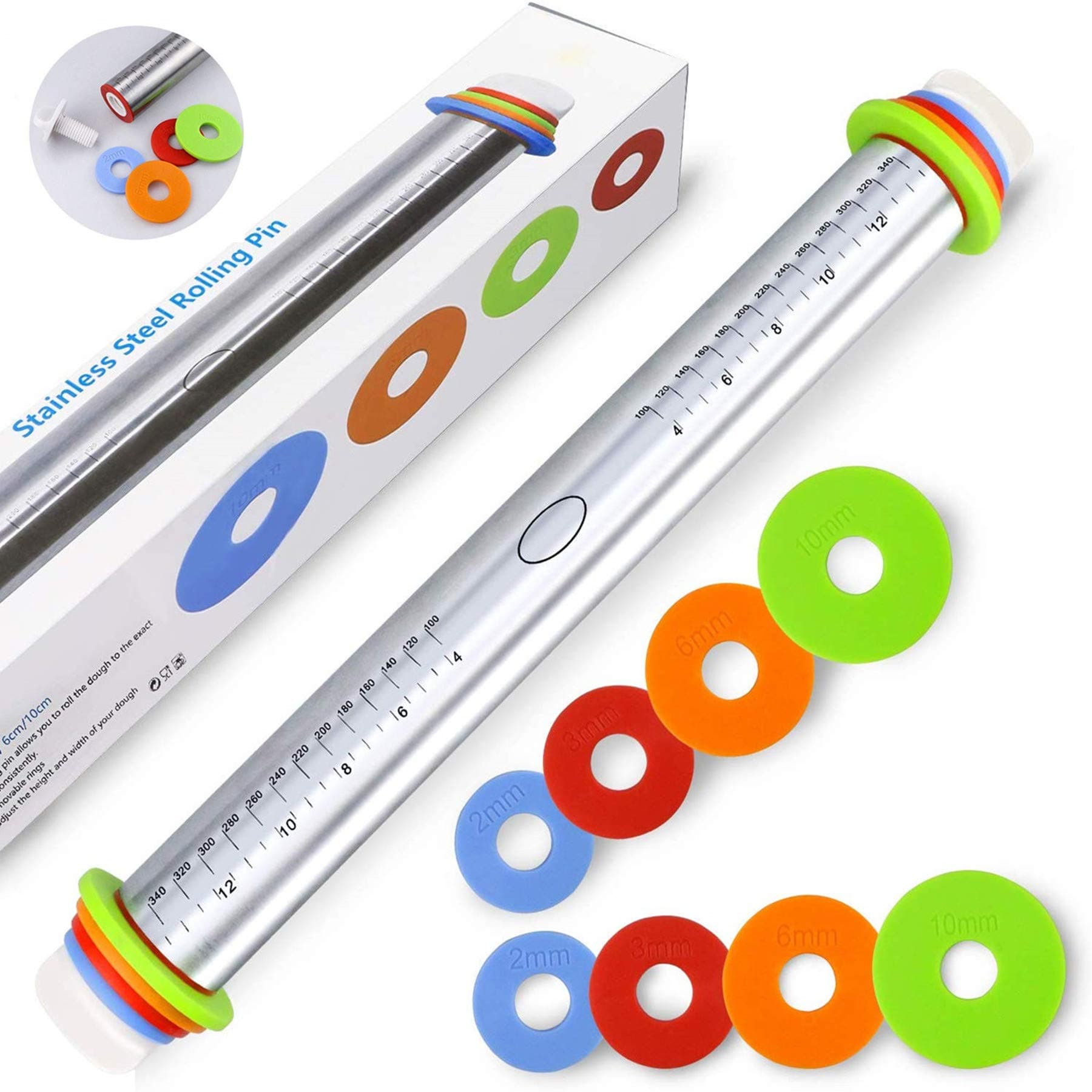 Rolling Pin - Cookie Rolling Pin 17 in Adjustable Stainless Steel Rolling Pins for Baking Cookie Chapati Fondant Dough Pastry Pizza Pie Crust