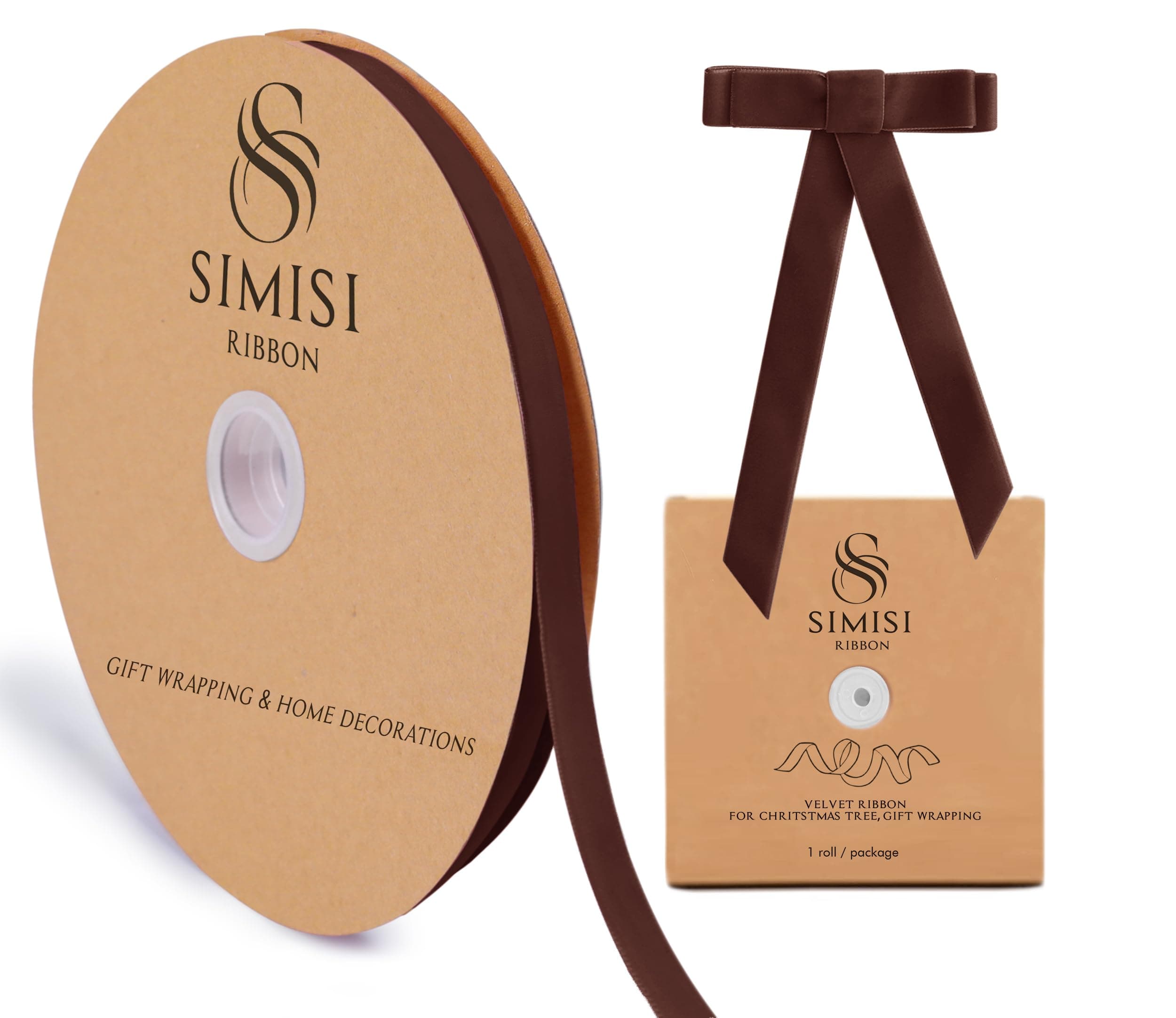 Brown Velvet Ribbon 3/8'' 25 Yards for Chritstmas Tree, Gift Wrapping, Wreath Decorations, Bow Making