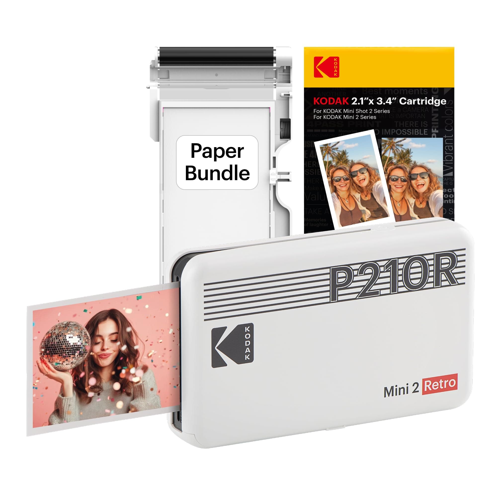 Mini 2 Retro 4PASS Portable Photo Colour Printer (2.1x3.4 inches) + 68 Sheets Bundle, White