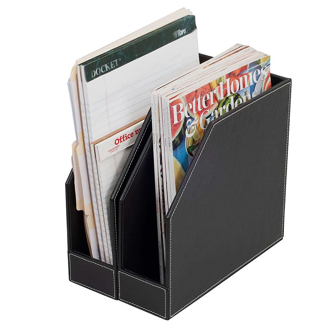 MobileVision Executive Leather Vertical File Folder Holder & Office Product Organizer, Store Files, Magazines, Notepads, Books and more, 2 Pack Combo Set