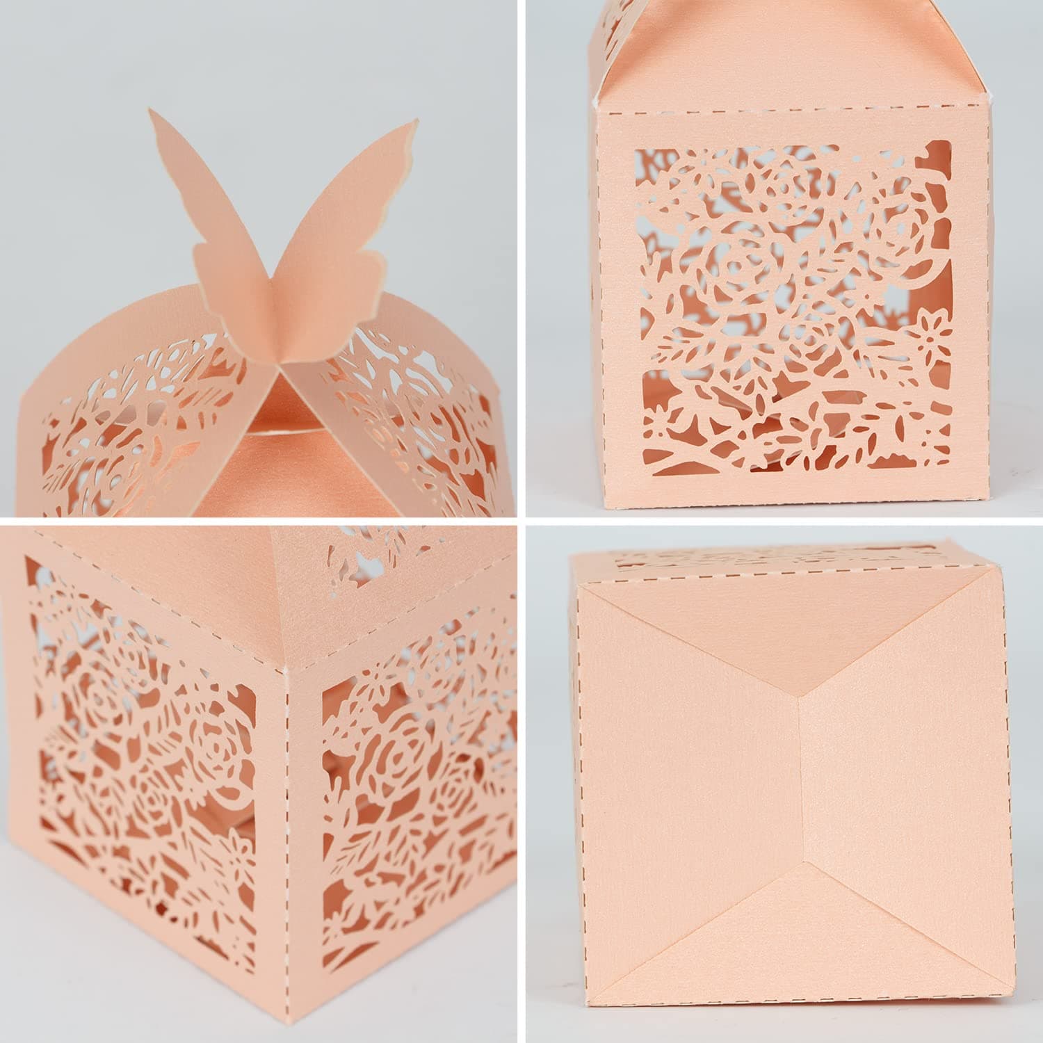 KAZIPA 50pcs Laser Cut Candy Boxes, 2.2''x2.2''x2.2'' Rose Butterfly Favor Boxes for Wedding Favors (Pink)