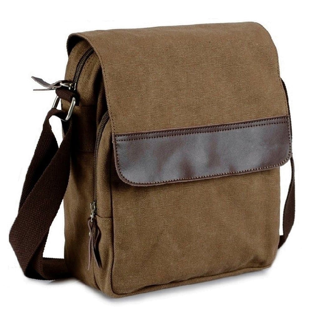Qianying Small Vintage Durable Vertical Cotton Canvas Messenger Bag Ipad Bag Crossbody Shoulder Sling Satchel Shopping Bag Travel Bag for Men and Women Brown