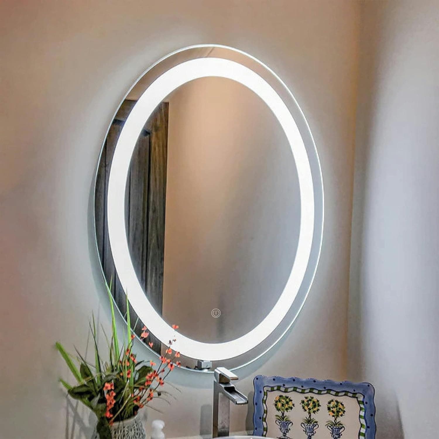 SANIF® Oval Shape Mirror, LED Illuminated Frosted Vanity Mirror with Touch Sensor, Wall Mounted Mirror for Bathroom, Bedroom & Makeup Room (Size: 18X24, Triple Light)