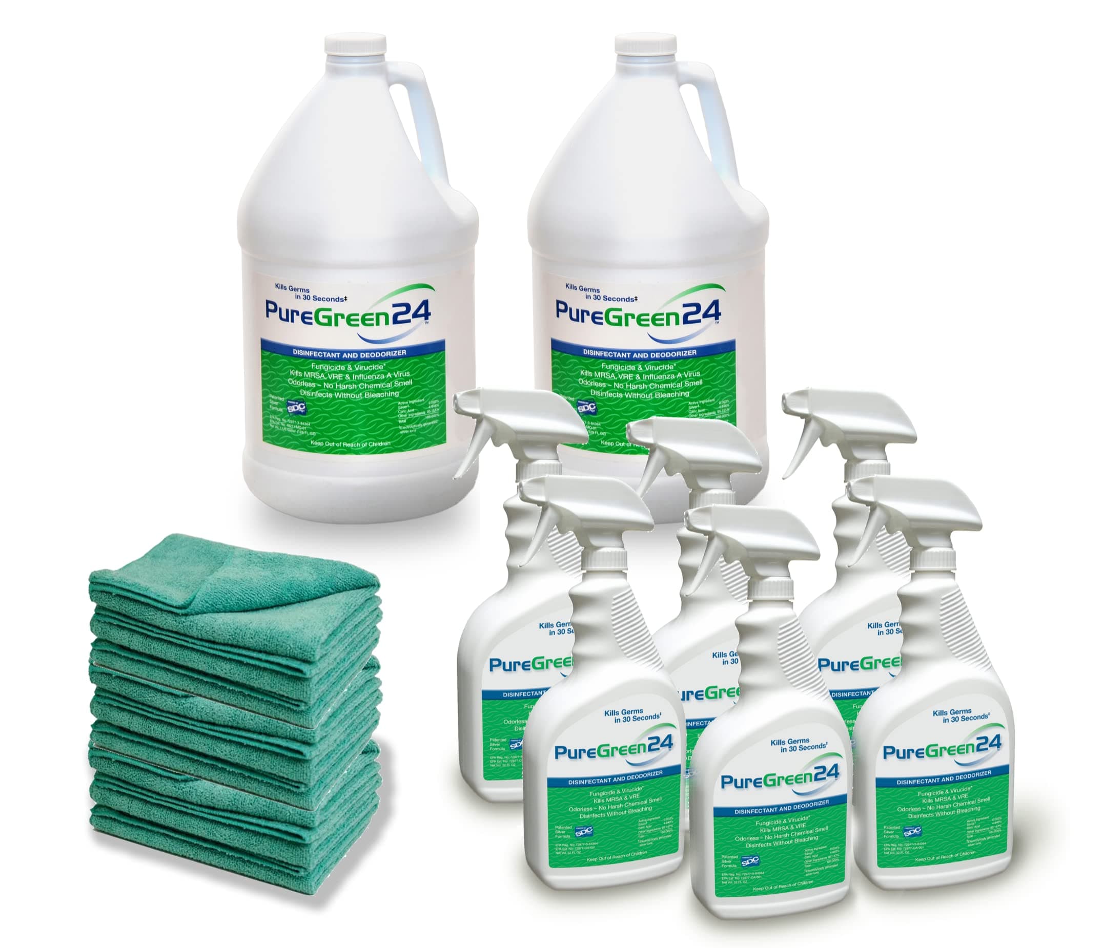 PureGreen24 Disinfectant Institutional Package - Kills deadly germs including RSV, MRSA & Staph, NoroVirus but is safe enough for use on children's toys The package includes 2 gallons, 6 32oz spray