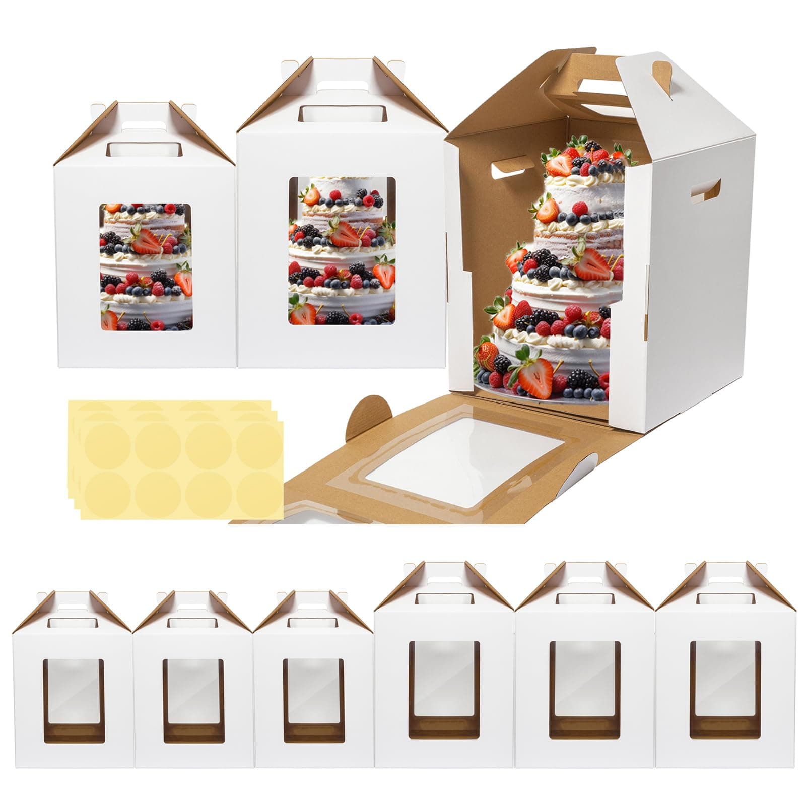 Mcfleet 6 Pack Tall Cake Box for Tier Cake with Window 2 Sizes 10x10x12 & 12x12x14 Inch, Disposable Large Layer Bakery Carrier with Handle - Bakery Safe Transport Box for Wedding, Birthday, Party