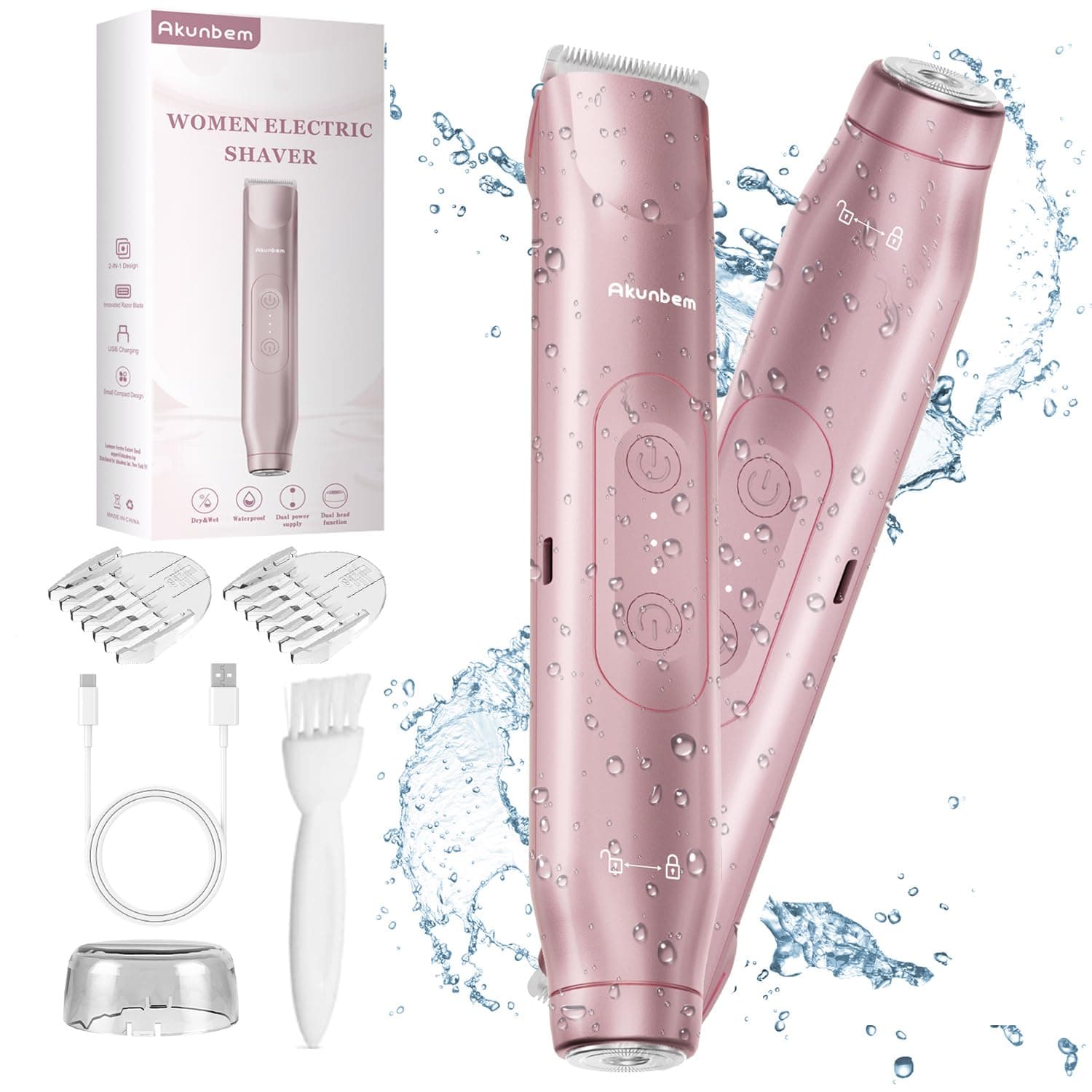 2 in 1 Women Electric Shaver Dual Head Bikini Trimmer for Women IPX7 Waterproof Wet & Dry Use Body Hair Trimmer and Facial Hair Remover for Bikini Underarm Leg Arm Body Face, Pink