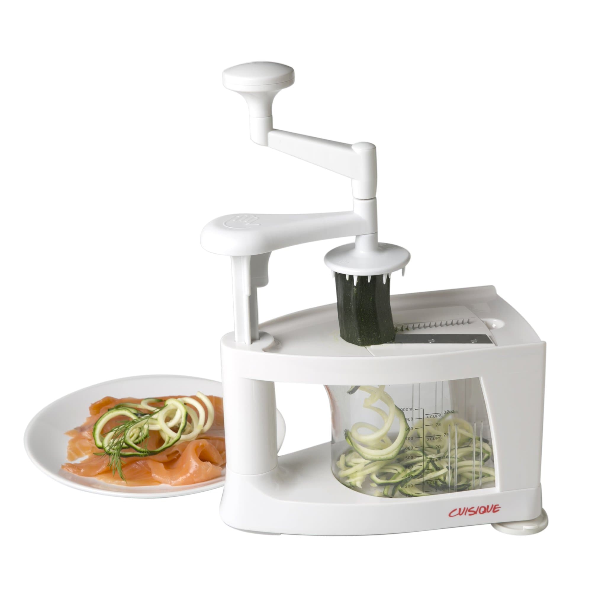 Cuisique Spiralizer The Premium Easy to use Healthy Courgette Spaghetti Pasta Maker, with Extra 4 Blade Bundle including - Fruit Slicer, Mandolin, Vegetable Cutter and Juicer - with a Unique 1 Litre Spiral Catcher