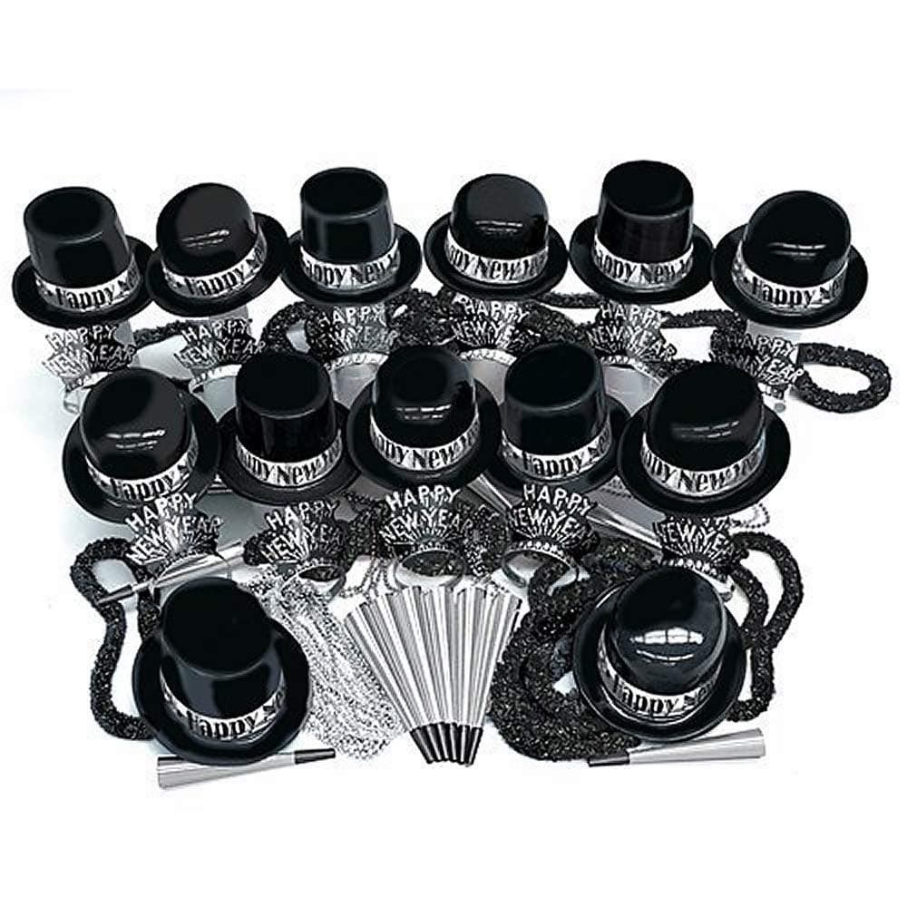 Party Time ManufacturingNew Year's Eve Party 2025 Silver Showboat Party Kit - 261-Piece Set for 100 Guests - New Year's Eve Decorations, Outfits for Adults, Men and Women
