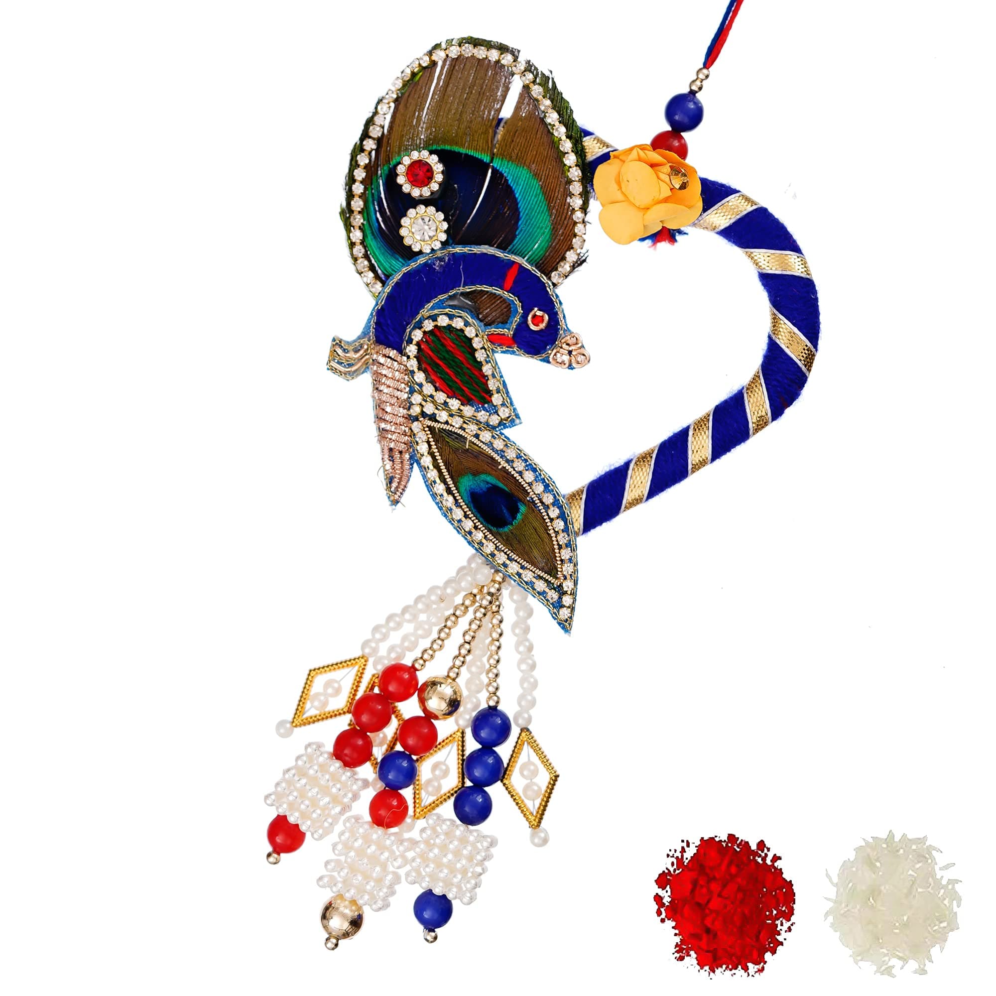 iinfinizeBeautiful Flowers Peacock Bracelet Kundan Kada Gota Pati Zardosi Golden Thread Pearl Jumar Lumba Rakhi for Bhabhi Sister Nand With Roli Rice Greeting Card