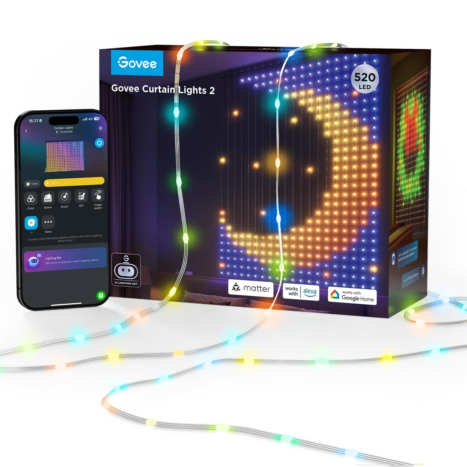 Curtain Lights, Smart LED Curtain with DIY GIF, RGBIC Color Chaning Wall Lights for Bedroom Window Backdrop Dynamic Christmas Decor, 520 LEDs, 5×6.6ft