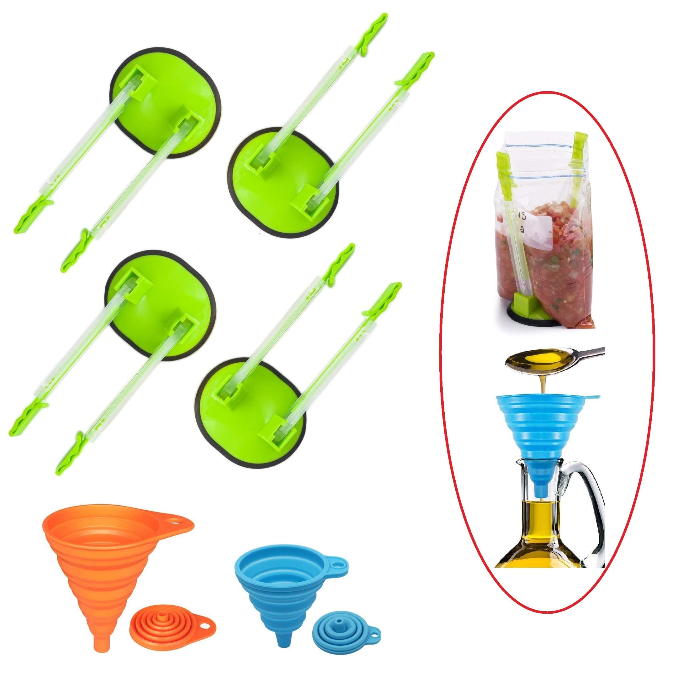 YIYATOO 4 pcs Baggy Rack and 2 pcs Folding Funnel, Clip Food Storage Bags Onto Holder, Best Opener for Freezer & Storage Baggie - Ideal Plastic Kitchen Gadget
