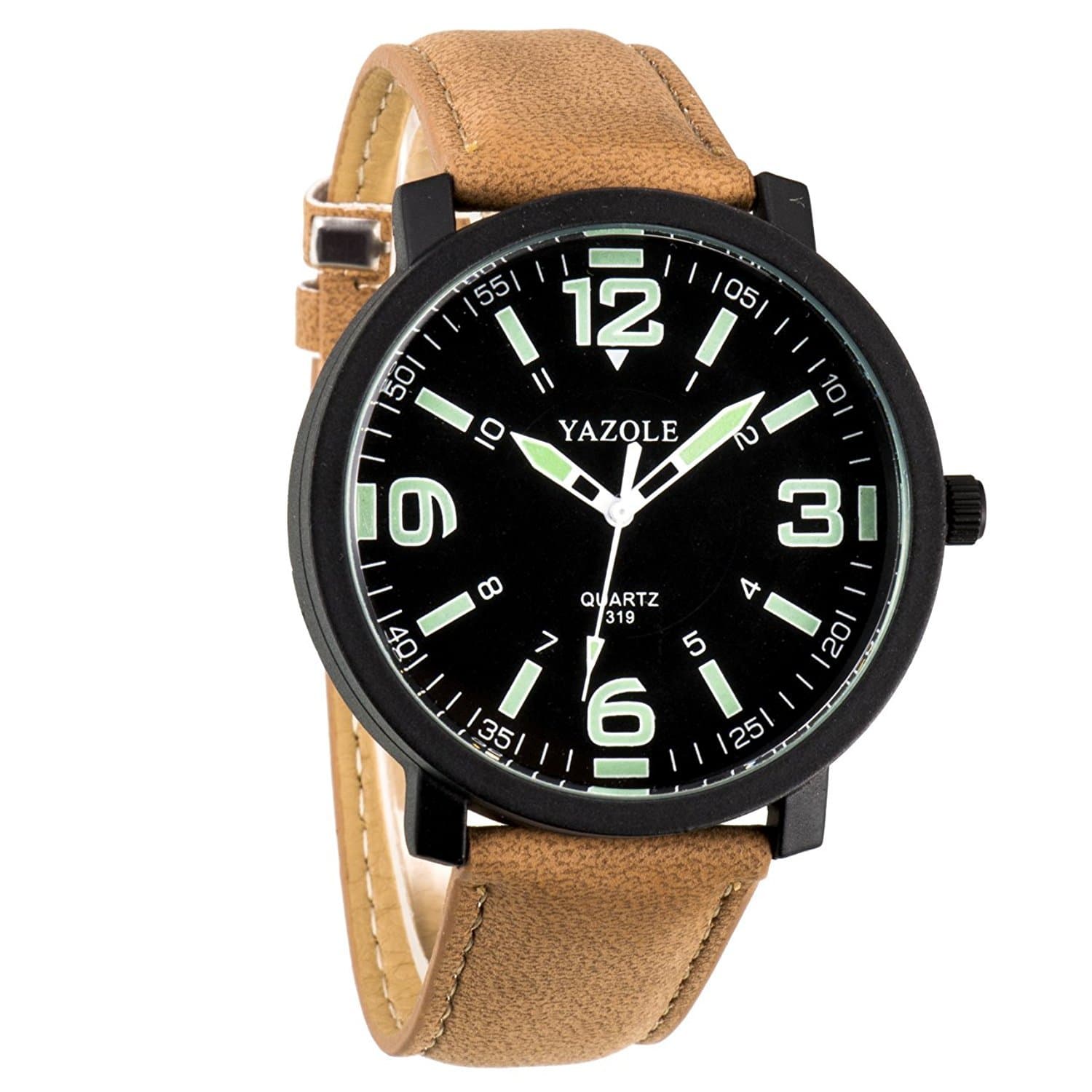 Men Big Dial Night Light Hands Simple Style Leather Strap Quartz Wrist Watch (Brown)