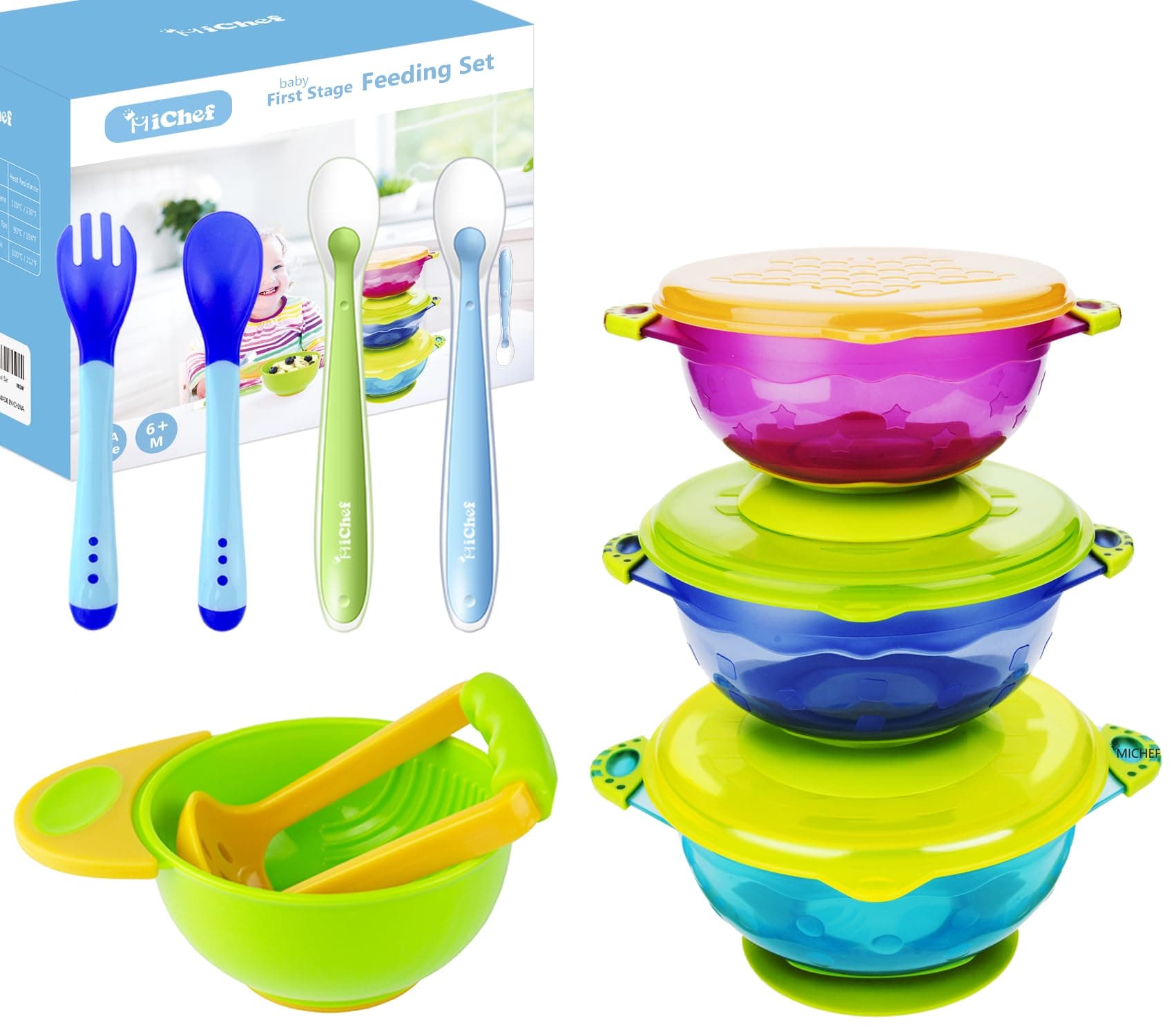 Baby Bowls, Baby Feeding Bowls Set with 2 Hot Safe Baby Fork and Spoon, 2 Soft-Tip Silicone Baby Spoons, Mash and Serve Bowl - Baby Shower, Set of 3 Suction Baby Bowls for Toddler with Lids