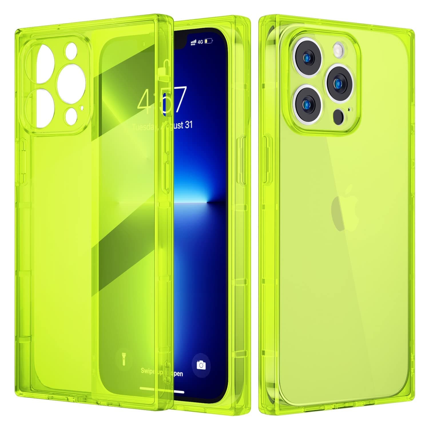 Tzomsze Compatible with iPhone 13 Pro Case for Women,Men Square Clear Cases Reinforced Corners Cushion Slim Shock Absorption TPU Silicone Cover 6.1 Inch 2021 -Fluorescent Green