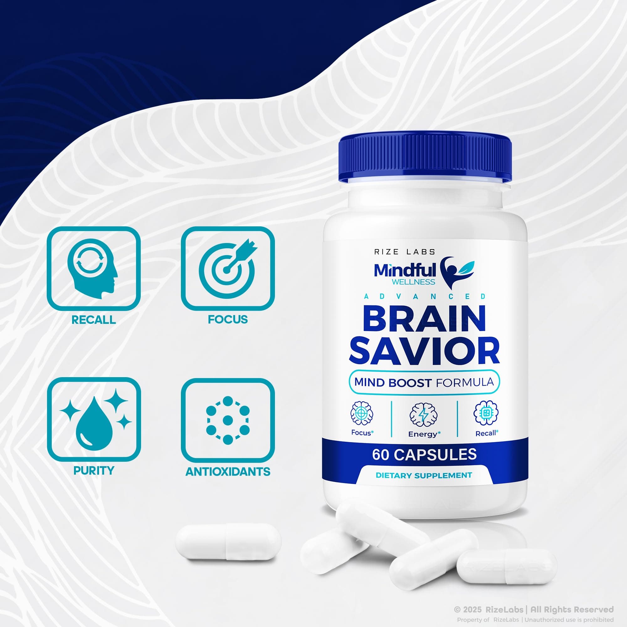rize labs - Mindful Wellness Brain Savior Capsules – Daily Focus & Clarity Formula with a Balanced Blend for Alertness, Memory, and Lifestyle Support | Easy-to-Take Pills (120 Capsules)