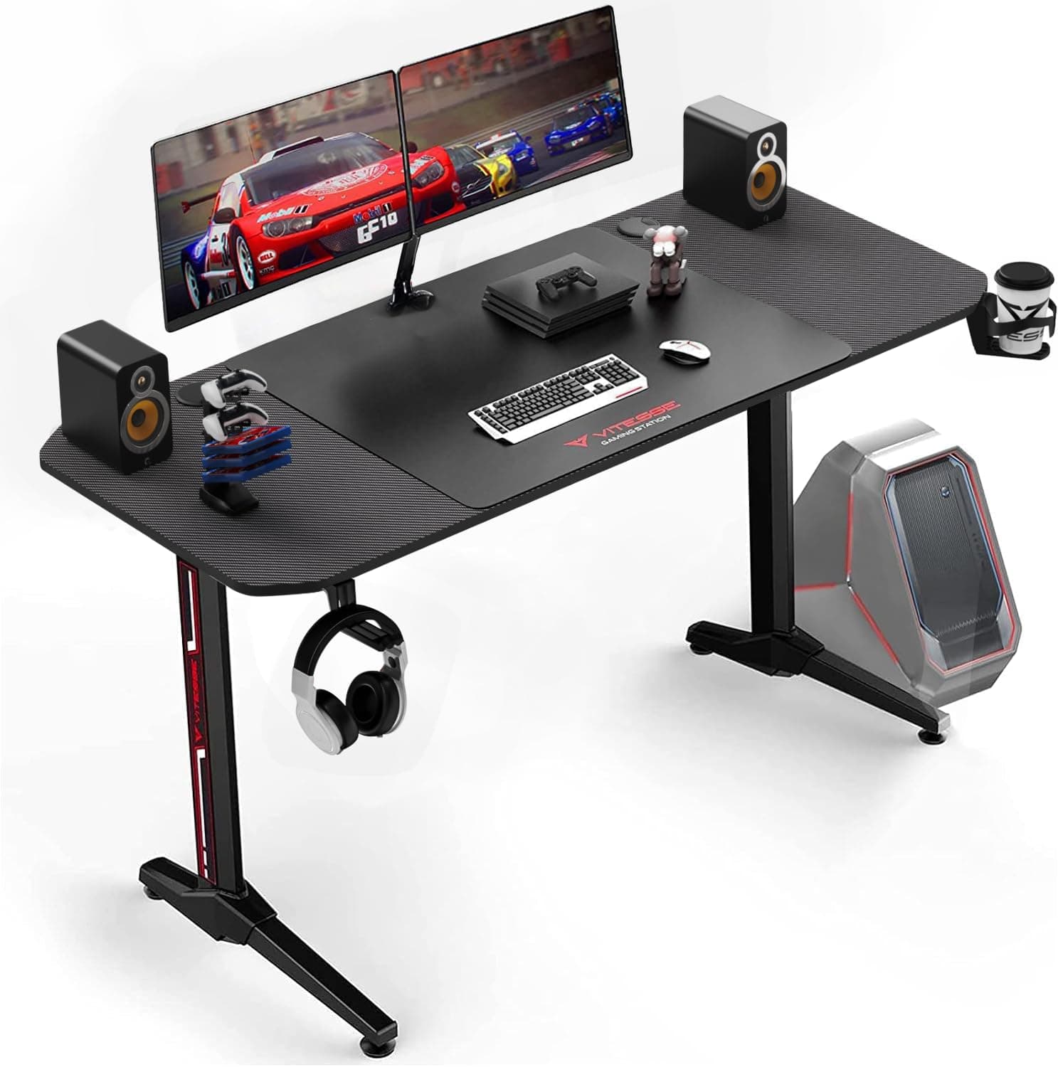 VITESSEErgonomic Gaming Desk 55 Inch, T Shaped Office PC Computer Desk with Desk Mouse Pad, Gamer Tables with Gaming Handle Rack, Cup Holder Headphone Hook