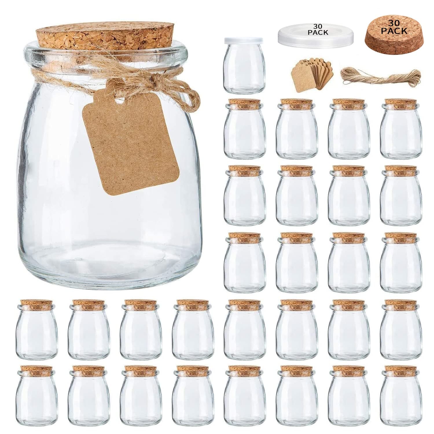 Brajttt Mini Yogurt Jars 30 Pack, 7 oz Glass Favor Jars with Cork Lids, Puddi...