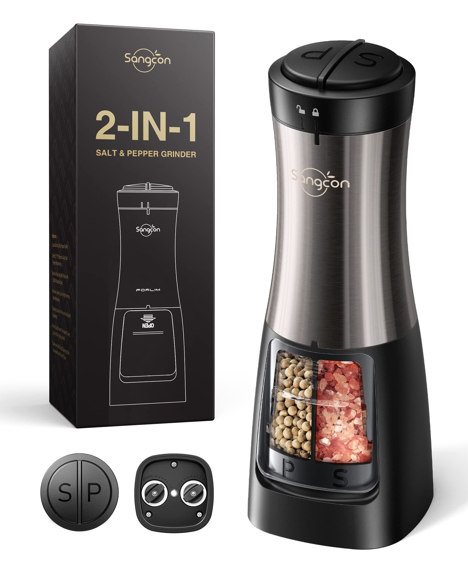 Sangcon Electric Salt and Pepper Grinder Set Shaker 2 IN 1 - Automatic Salt and Pepper Grinder Mill, Battery Powered One-Handed Operation Refillable with Light Dual Ceramic Mill