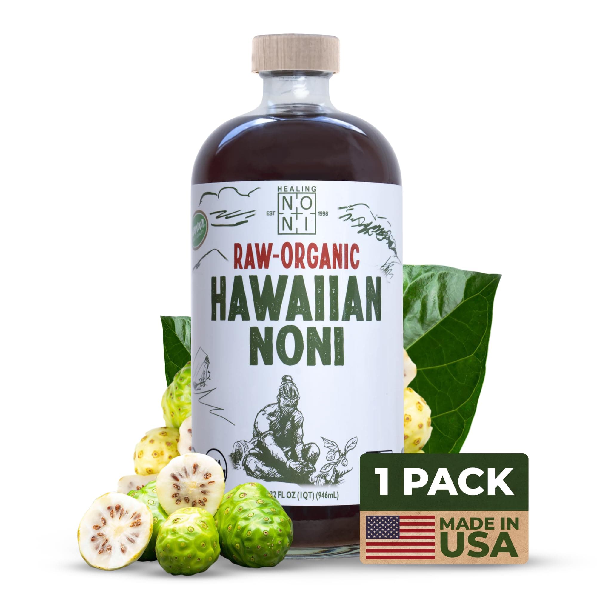 Healing Noni - 100% Pure RAW Noni Juice - USDA Organic, Premium Strength, Cold Pressed, Hawaiian-Grown Superfood - (32oz, 1 Pack)