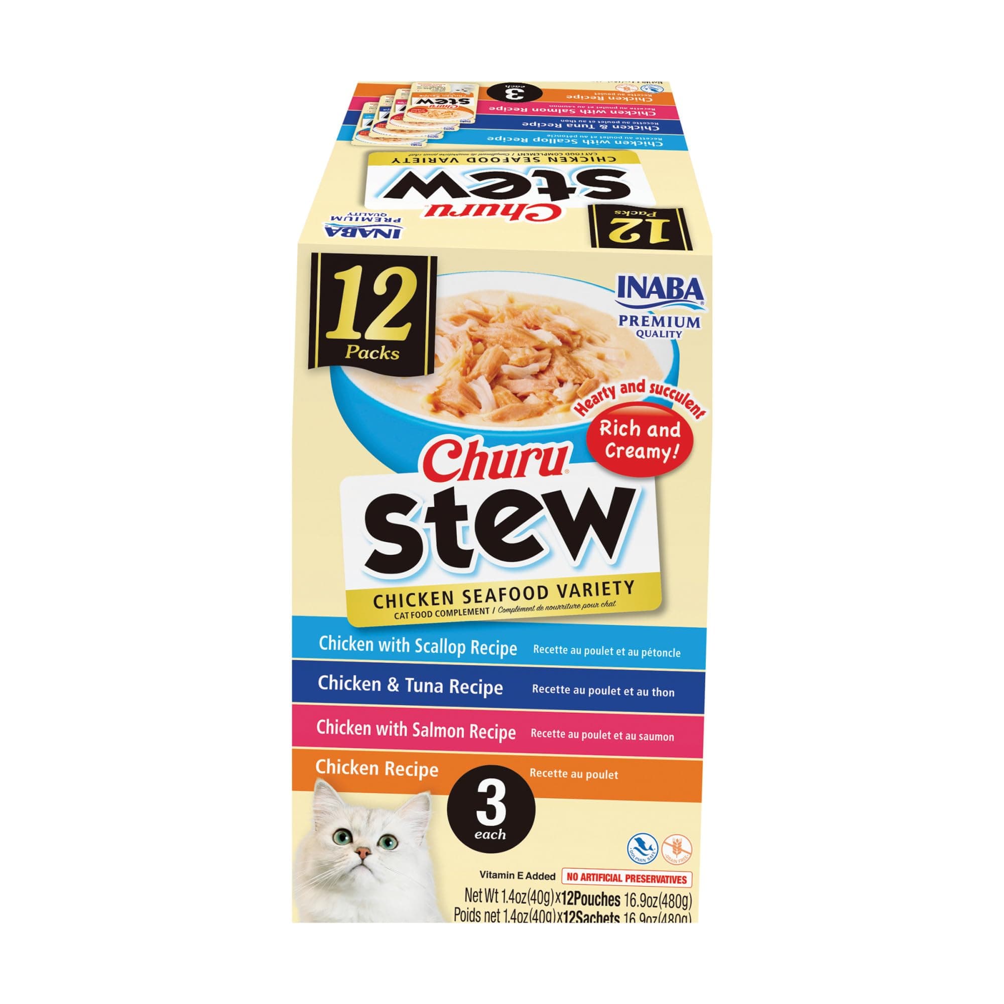 Churu Stew for Cats, Broth Gelée with Shredded Chicken Side Dish Pouch with Vitamin E, 1.4 Ounces per Pouch, 12 Pouches, Chicken & Seafood Variety