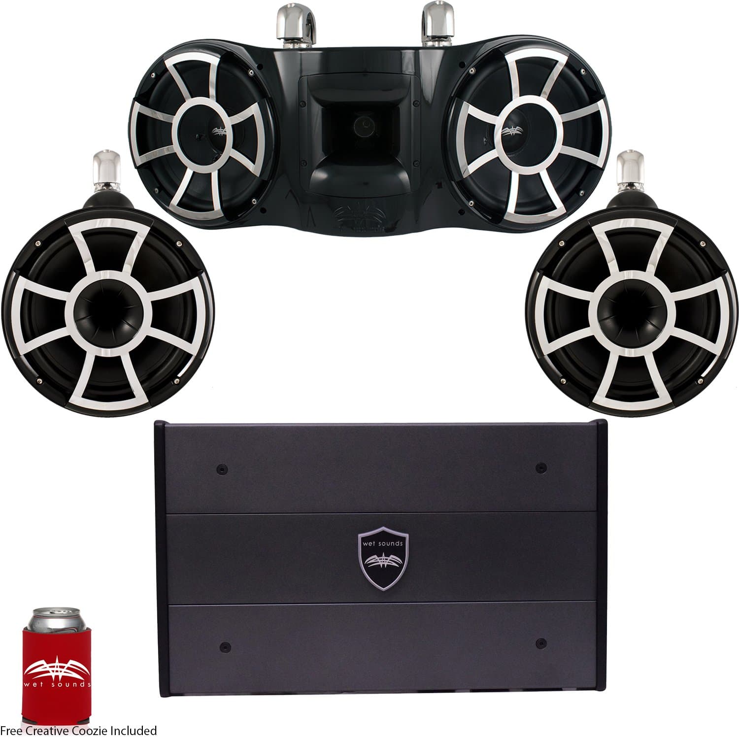 wet sounds REV 3-Some & Amp- REV410 & REV10 Tower Speakers & A SYN-DX 6 Amplifier (Black w/Fixed Clamps)