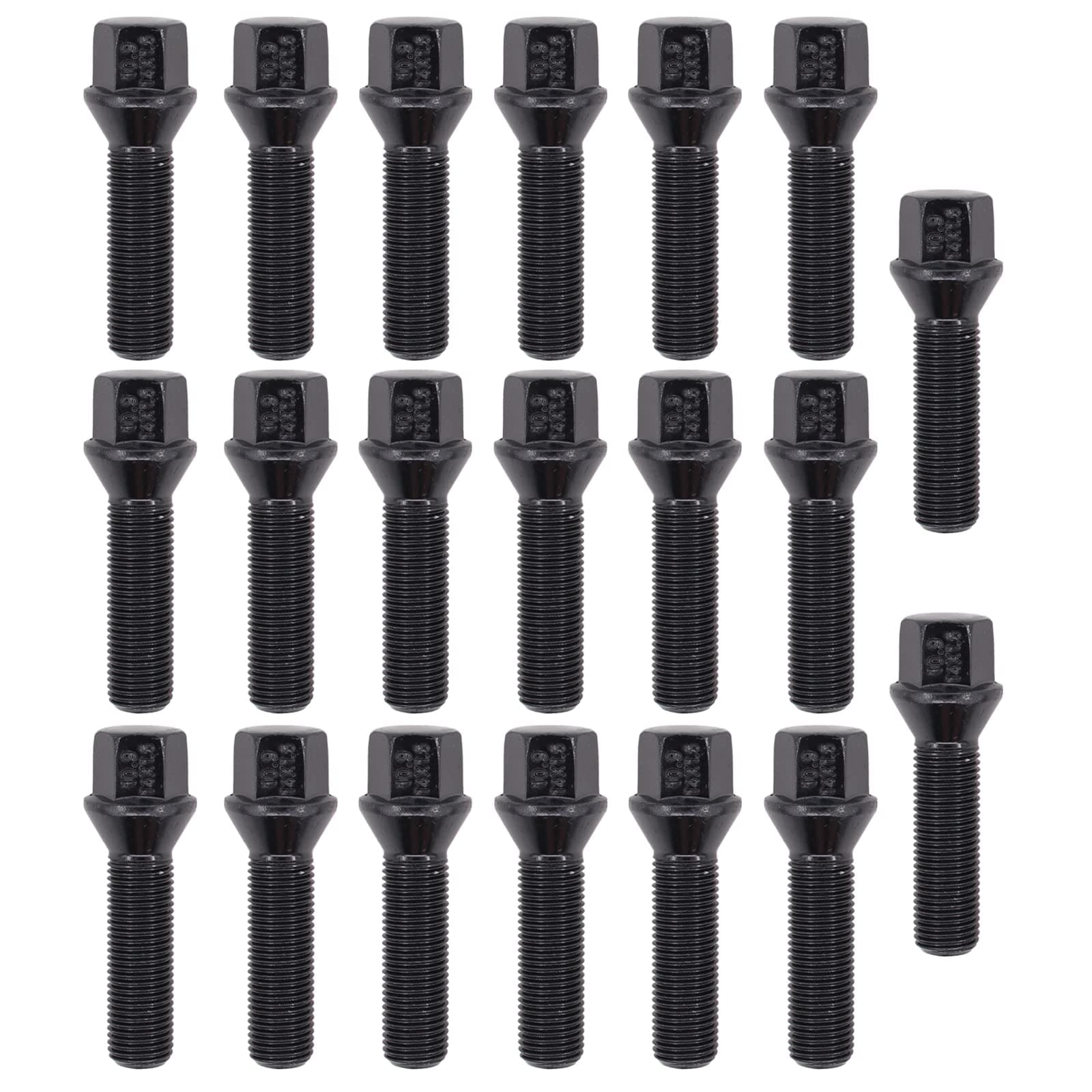 20Pcs M14 X 1.5 Thread Extended 45mm Taper Seat Black Tapered Alloy Wheel Bolts