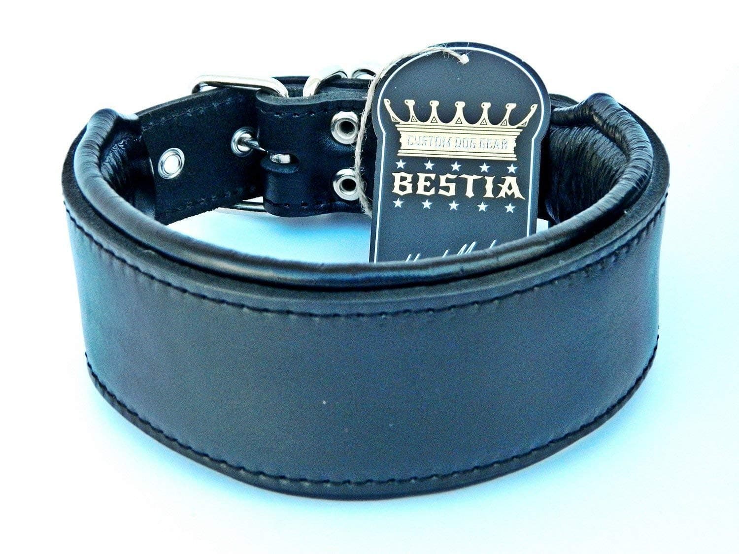Bestia genuine leather dog collar, Soft padded, Large breeds, cane corso, Rottweiler, Boxer, Bullmastiff, Dogo, Bully, Quality dog collar, 100% leather, complete black, M- XXL size, 2.5 inch wide. Soft padded. Europe`s finest hand made collars!