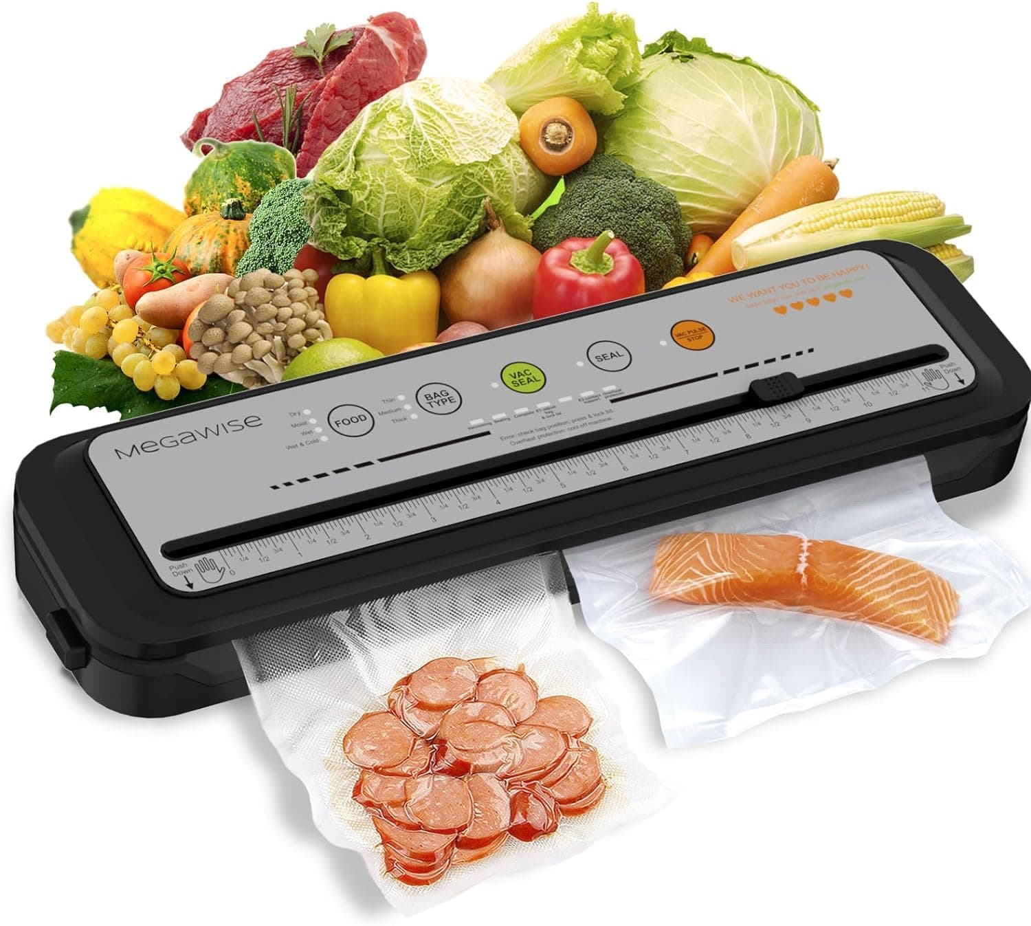 Updated Vacuum Sealer Machine 2025, MEGAWISE Food Sealer w/Starter Kit, Dry & Moist Food Modes, Compact Design with 10 Vacuum Bags & Built-in Cutter(Grey)