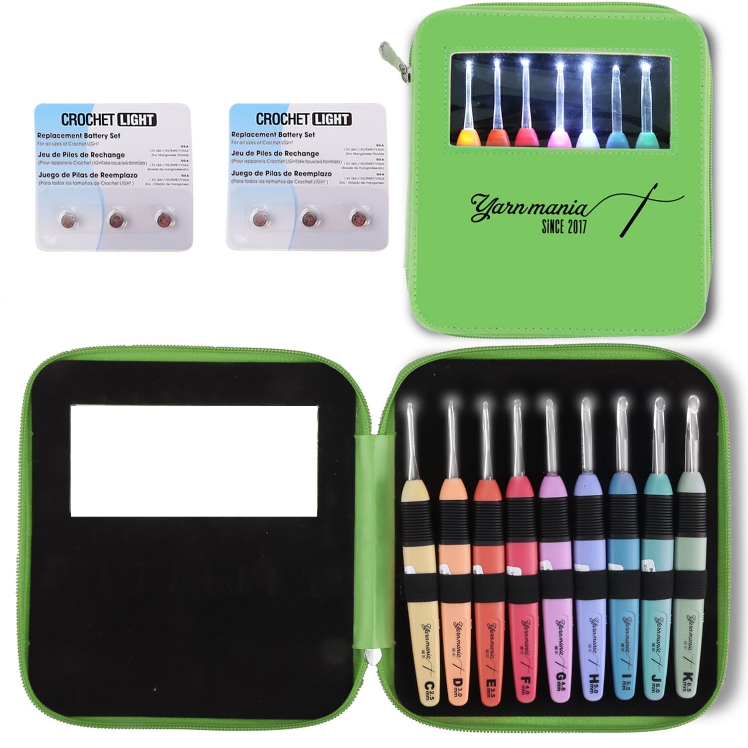 Yarn Mania Light Up Crochet Hooks | Lighted Crochet Hooks Set w/Crochet Case & 9 Ergonomic Crochet Hooks (Sizes 2.5mm-6.5mm) (Green)