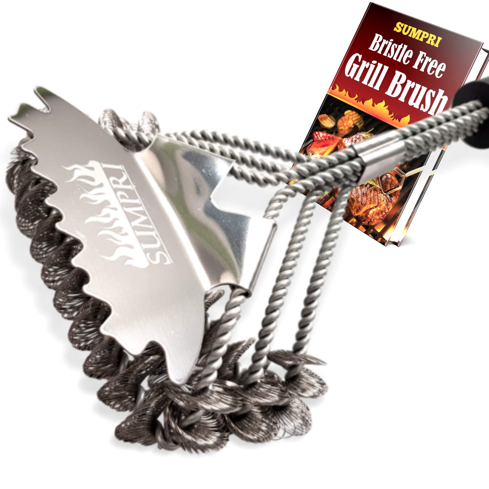 Grill Brush Bristle Free & Scraper -Best Safe BBQ Cleaning Brush, with Extra Wide 3D Scraper -Makes Grill Cleaning Easy -18 Inch Stainless Steel, Barbecue Cleaner for All Grill Types