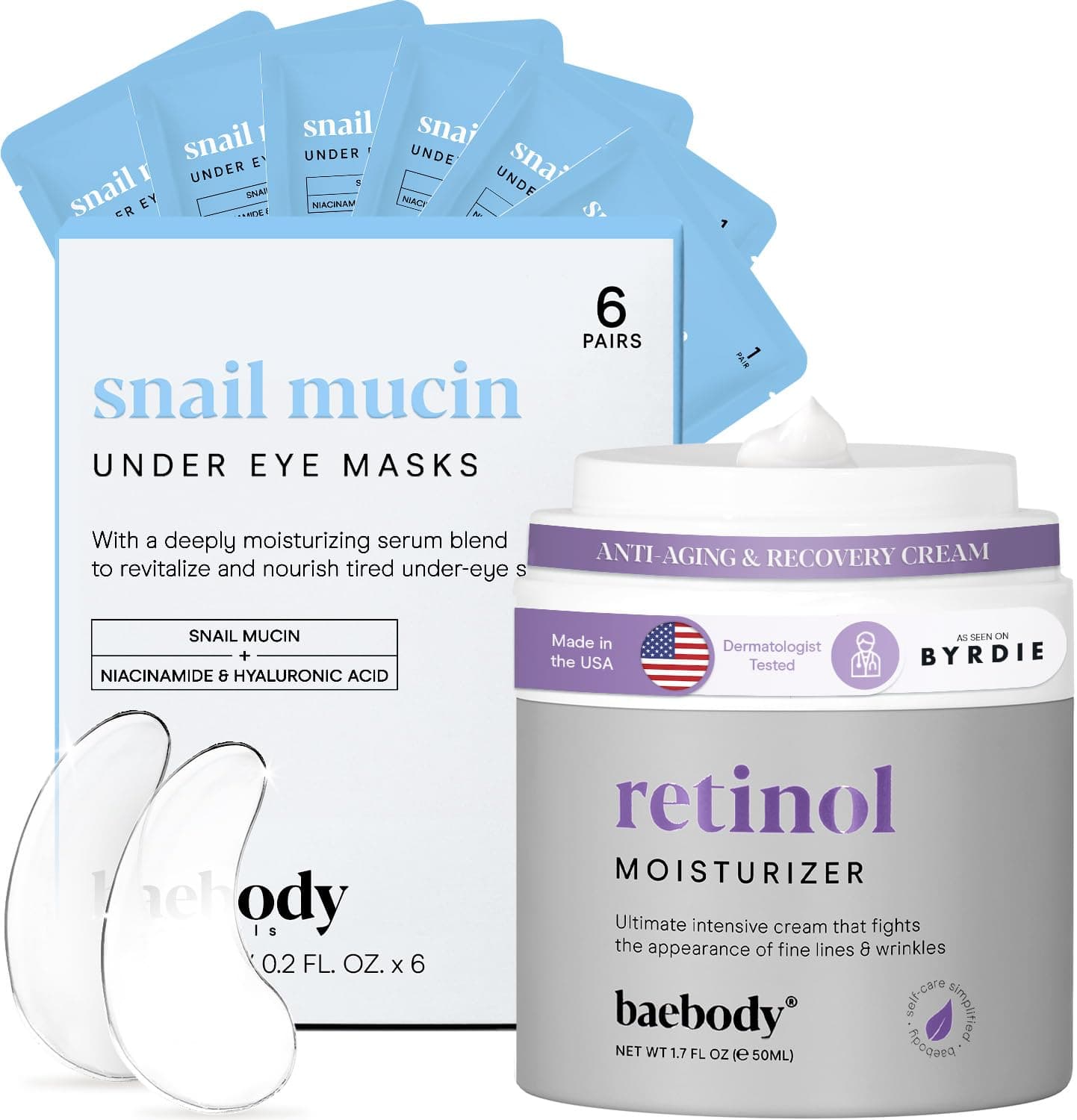 BaebodyAdvanced Snail Mucin Under Eye Masks (6 Pairs) & Retinol Face Moisturizer for Women and Men - Anti Aging Face Cream