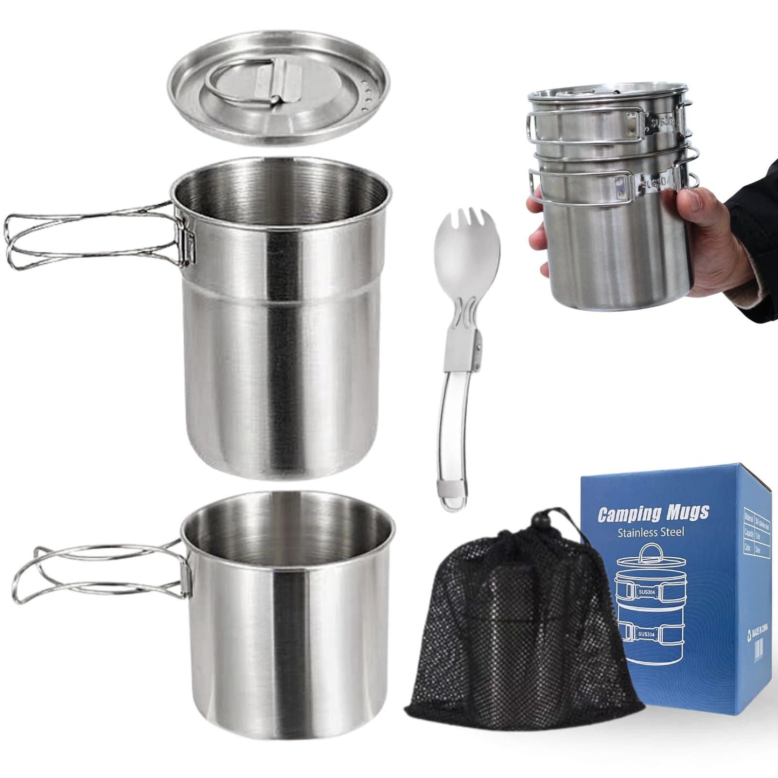 BeGrit Camping Cups Mugs Stainless Steel Camping Pot Food Grade Metal Camping Cookware with Folding Spoon, Vented Lids
