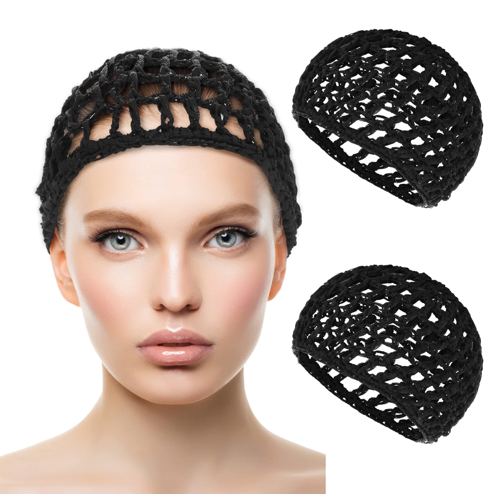 WLLHYF 2 Pieces Hair Nets Hat Sleeping Hair Net Snoods Wrap Bonnets Long Straight Curly Wig Head Guard Black Mesh Wrapping Crochet Wave Chef Hats Bun Lift Strap Weaving Sewing for Women Ballet