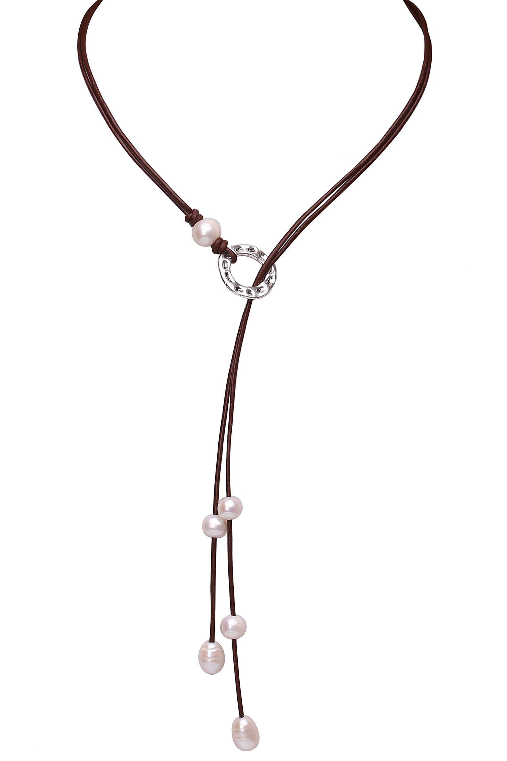 Shengsheng Women Y Necklace Long Pearl Choker Bohemian Bolo Tie Cultured Pearl Necklace Choker, 23.6'' Black Brown
