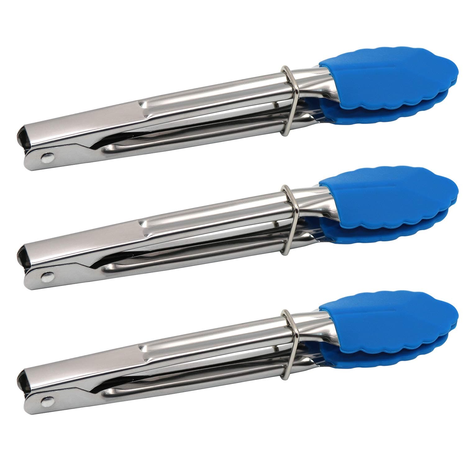 Small Tongs With Silicone Tips 7 Inch Serving Tongs - Set of 3 - Mini Food Tongs Stainless Steel Great for BBQ, Salad, Cooking, Appetizers and Food Serving Blue…