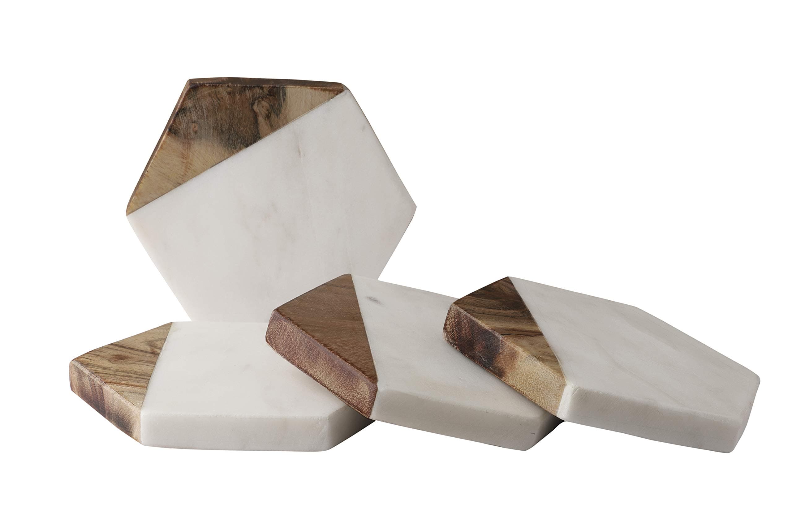 GoCraft Marble & Mango Wood Coasters - Set of 4 Handcrafted Geometric White Marble Coasters for Drinks, Wine Glasses, Beverages, Cocktails & Bar Glassware, Elegant Home Decor & Bar Accessories