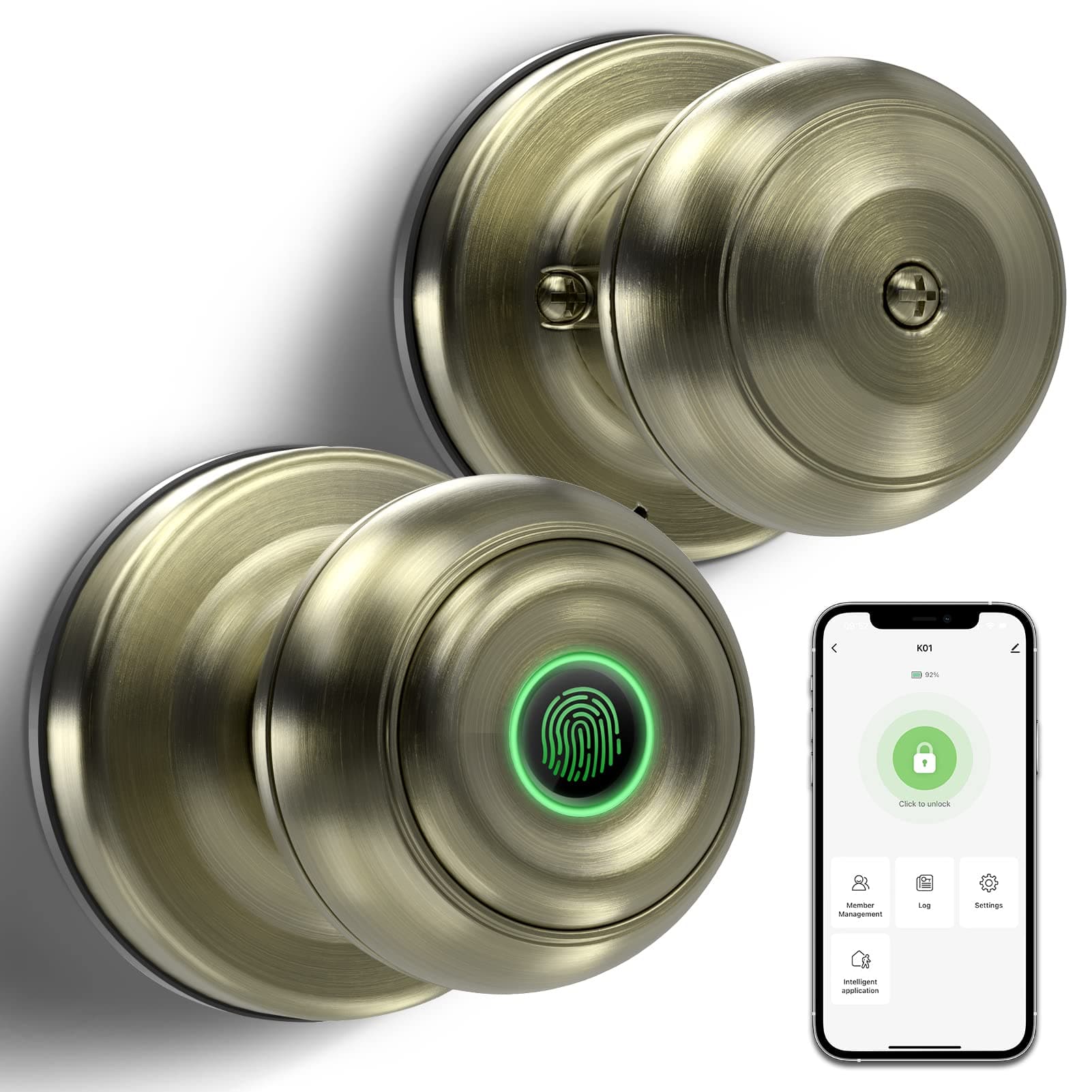 GeekTale Smart Door Knob, Fingerprint Door Lock Smart Lock Fingerprint Door Knob with App Control, Great for Bedrooms,Cloakroom,Apartments Offices,Hotels