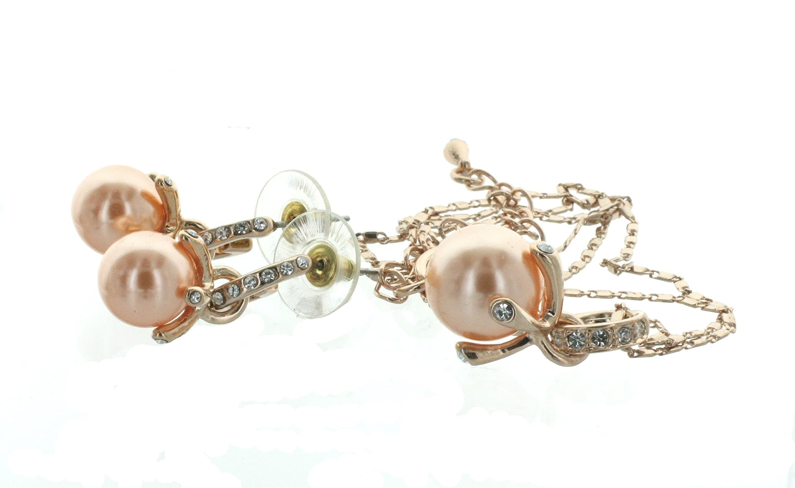 Fancy Set of Rose Gold Tone Peach Colored Simulated Pearl Pendant Necklace and Dangle Earrings