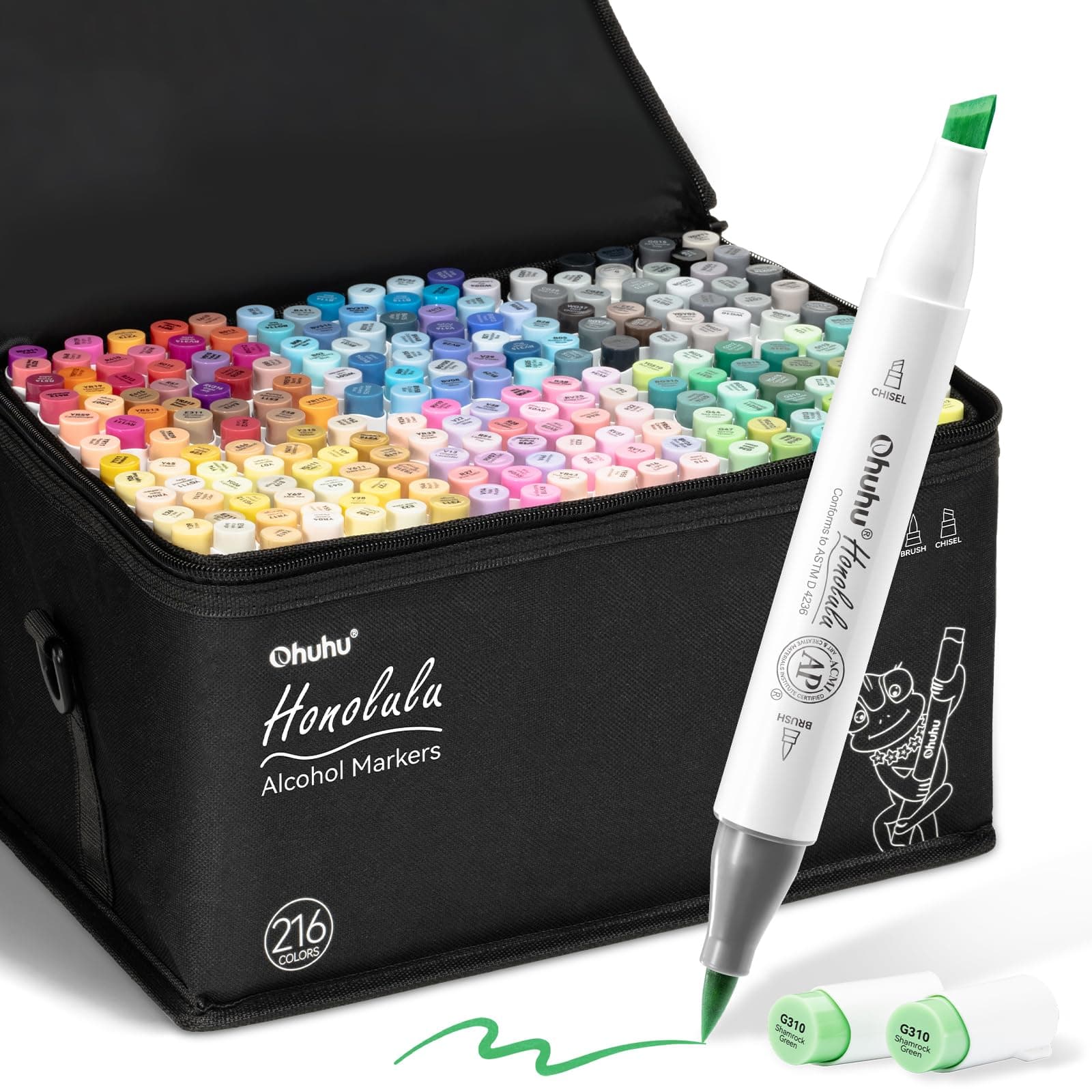 Ohuhu 216 Colors Alcohol Art Marker Set with 2 Nib Brush & Chisel Sketch Markers Alcohol Based Brush Markers with 1 Blender for Sketching Adult Coloring Book Illustration Honolulu Series
