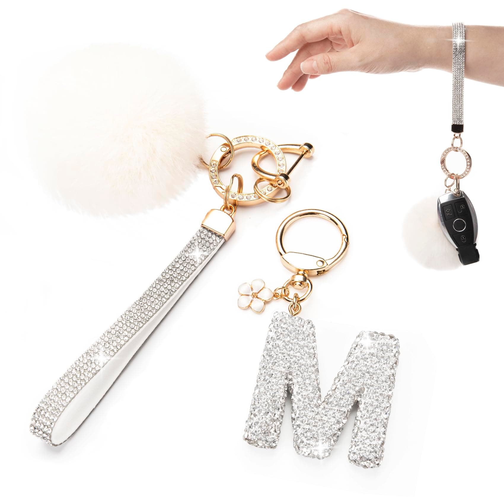 HONYJOOMInitial Letter Keychain for Women Girl Bling Rhinestone Sparkly Bag Backpack Purse Charm Cute Pom Pom Key Chain Wristlet