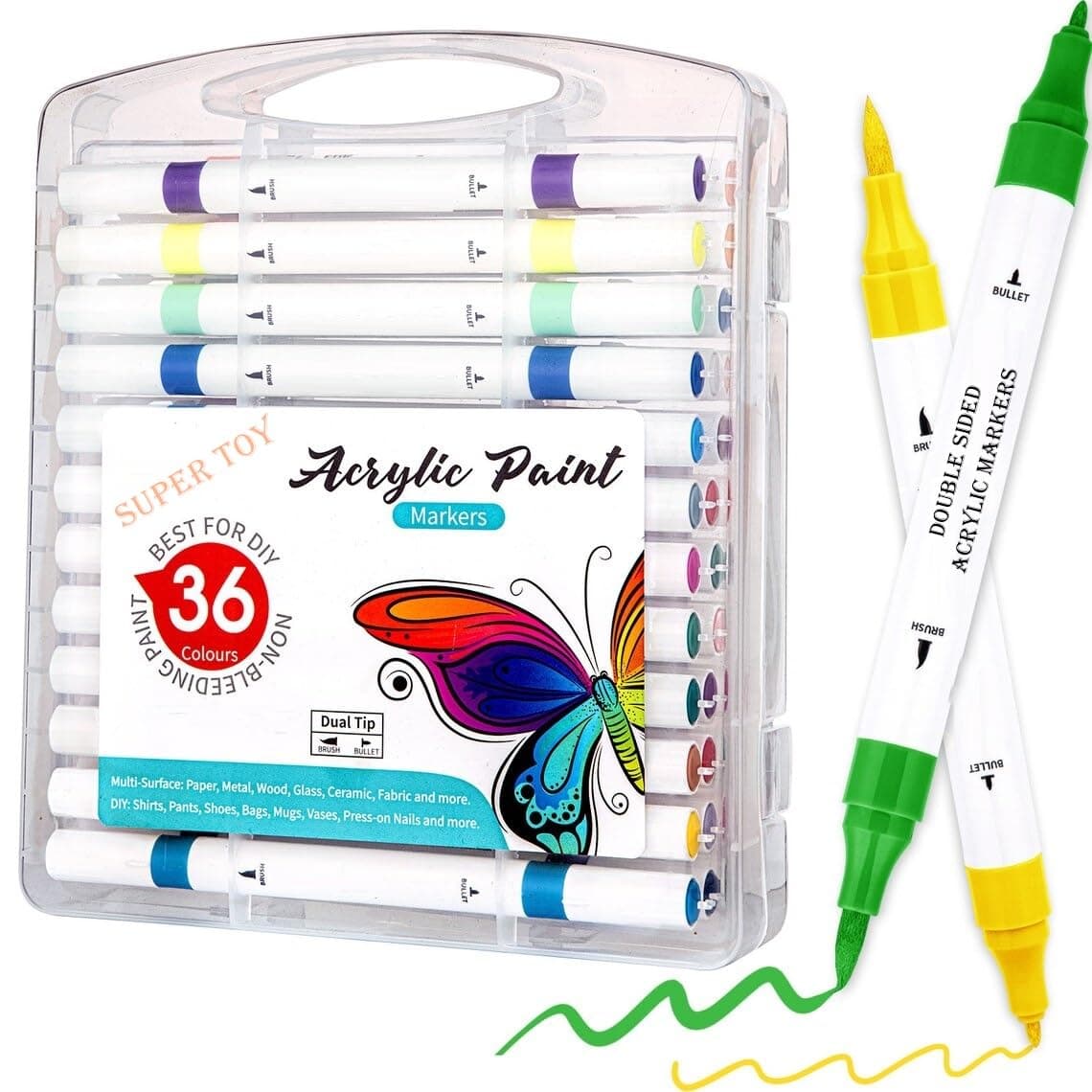 SUPER TOY36 Shades Dual Tip Acrylic Paint Pen Brush Markers Set for Kids Adult Colouring Drawing Art Craft Educational Gift School Supply